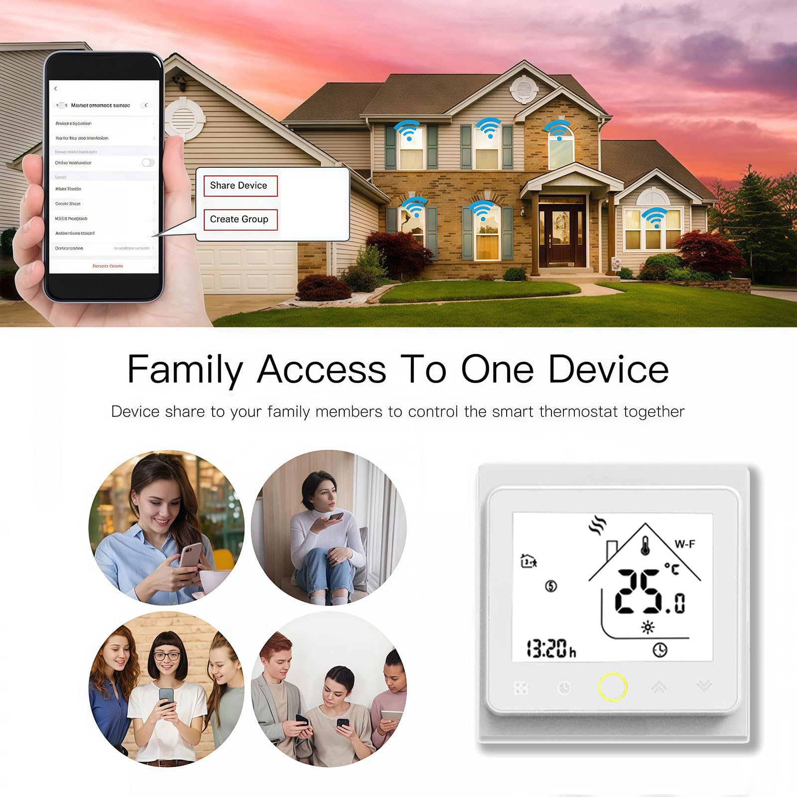 002 Serie Wi-Fi Termostato - Termostato con Pantalla Táctil Programable para Calefacción o Aire Acondicionado - Control Remoto Desde Teléfono Móvil Compatible con Alexa, Google Home e IFTTT