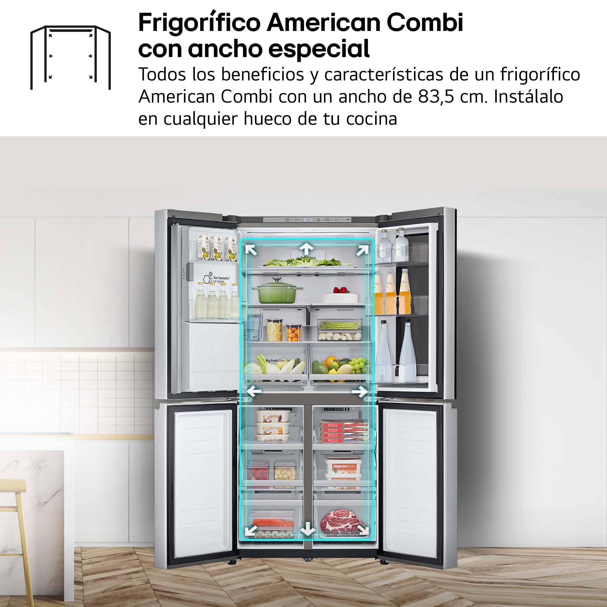LG GMG861MBAE - Frigorífico American Combi InstaView, Clasificación E, 508 L, Door Cooling, Linear Cooling, UVNano, 1,80 m, Acero texturizado antihuellas