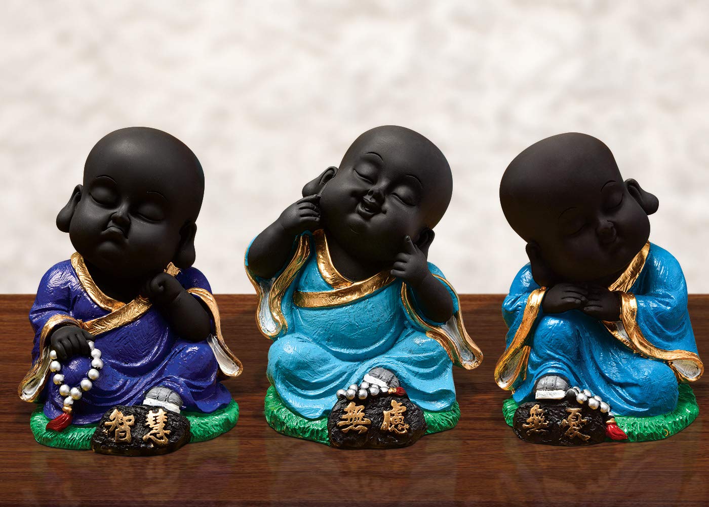 Karigaari Resin India Handcrafted Resine Little Sitting Buddha Monk Sculpture Showpiece for Home Decor and Office, Sky Blue, Standard, Set of 3