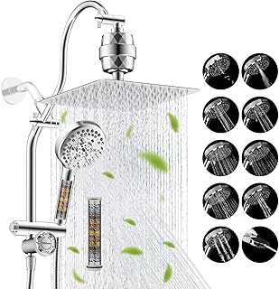 Dual Filter All Metal 10"Rainfall Showerhead Combo, High Pressure Filter Shower Head with 10-Spray Mode Handheld, Innovative 4-way Diverter with Pause Mode, 71'' Shower Hose and Holder, Chrome