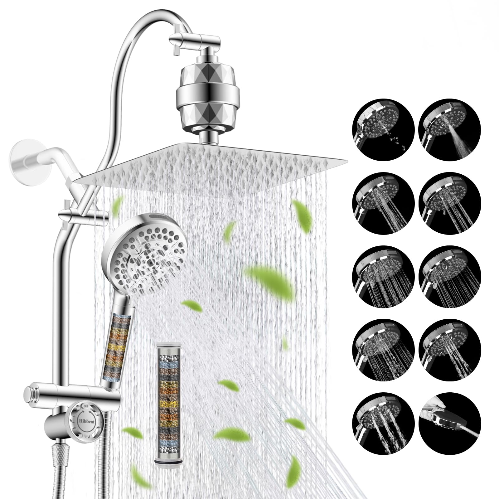 Hibbent 10" Dual Filtered 10" Rainfall Shower Head with Handheld 10-Spray