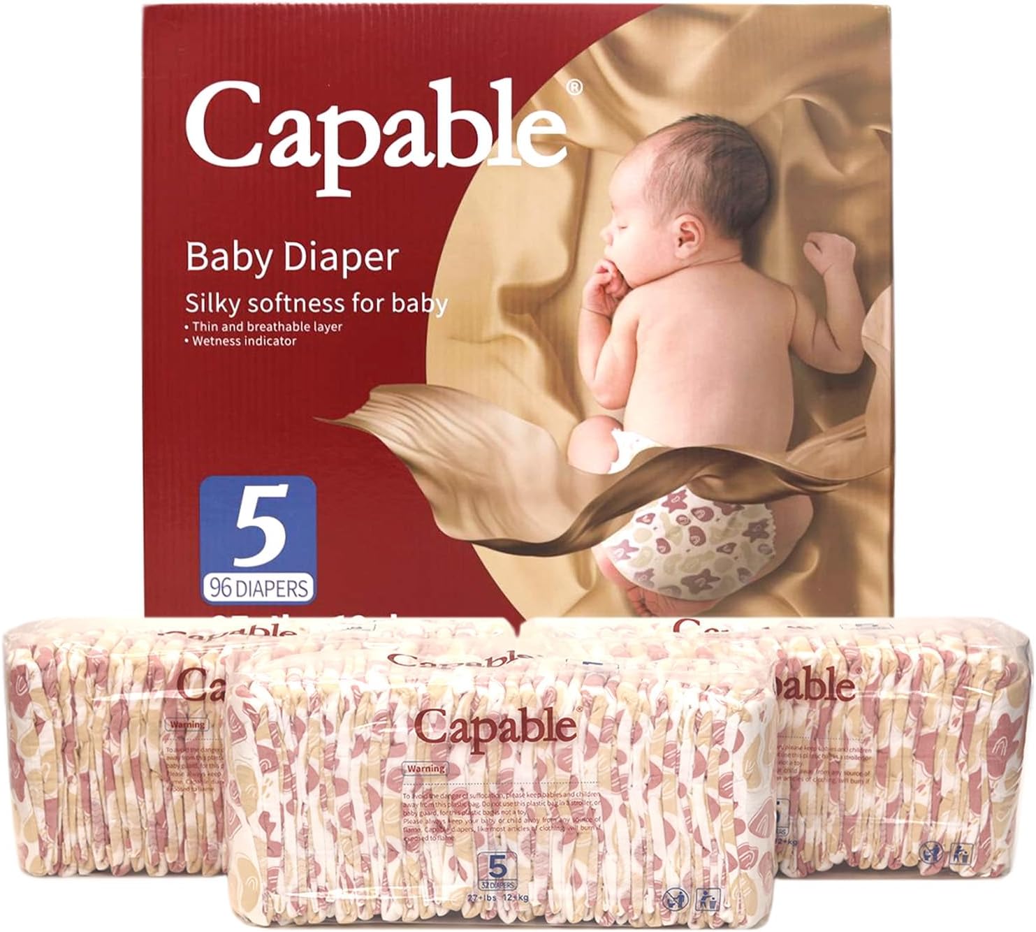 Capable Newborn Diapers Size 5, 96 Count, Triple Leak-Proof Baby Diapers, Hypoallergenic Disposable Diapers with Wetness Indicator, Extra-Absorbent, Light and Snug