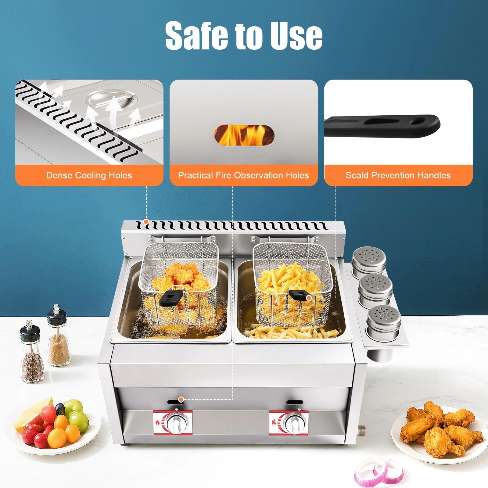 Friteuse à Gaz Commerciale, Double Réservoir 6L, En Acier Inoxydable, Avec 2 Paniers à Friture Et Couvercle, Température Réglable 50-380°C, Pour Restaurants, Bars à Emporter, Cuisine à Domicile