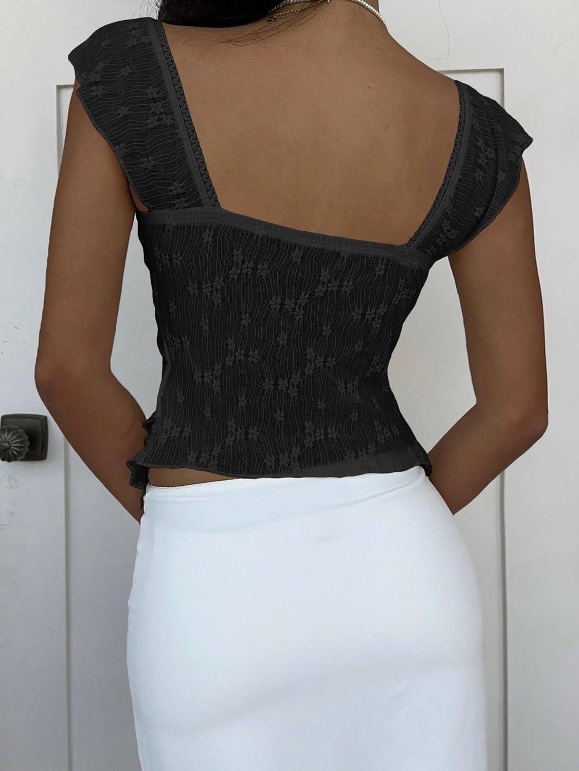 BAIGRAM Women Y2K Ruffle Flowy Peplum Babydoll Crop Tank Cute Sheer Floral Lace Sweetheart Neck Tops Tiered Going Out Shirt - Image 2