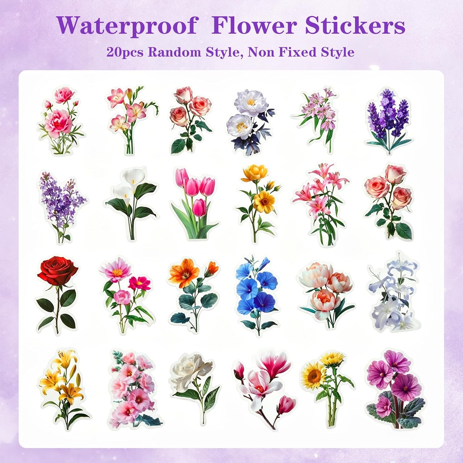 20 PCS Flower Stickers, Colorful Nature Transparent Flower Stickers Waterproof Floral Decals for Garden Mailboxes, Fences, Planners, Water Bottles, Phone Cases and Laptops