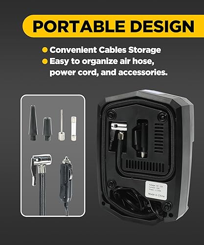 Miniatura 5 de YAKEFLY Inflador de Neumáticos Compresor de Aire Portátil, Bomba de Neumáticos de Coche de 12V DC con Medidor de Presión Digital, 150 PSI Apagado
