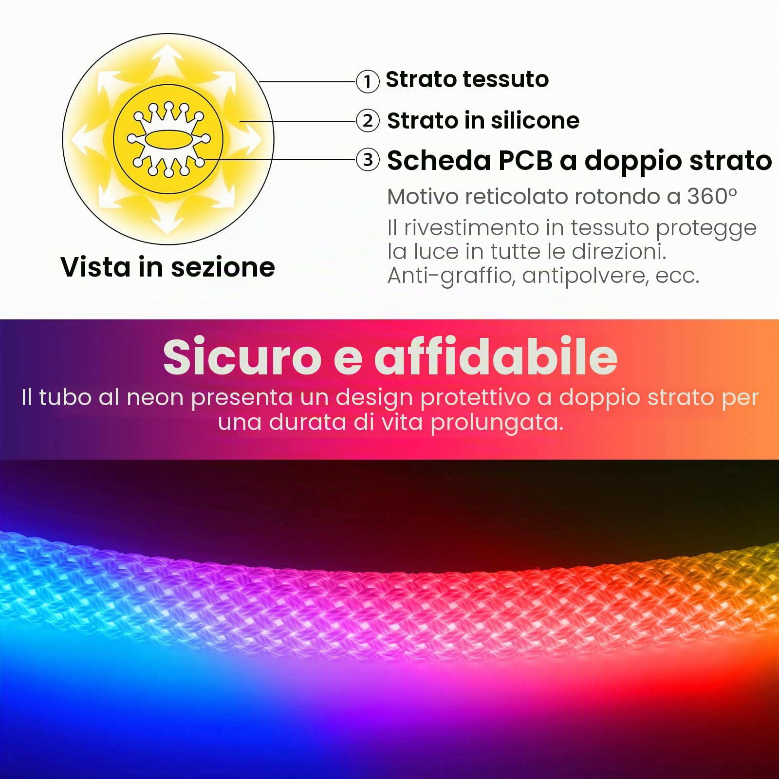 Striscia Neon LED RGB 24V CRI90+[10M],SMD3535,240 LED/m,illuminazione 360° tubo LED rotondo,per decorazione di camere da letto,stanze da gioco,soggiorno e negozi - Alimentatore non incluso