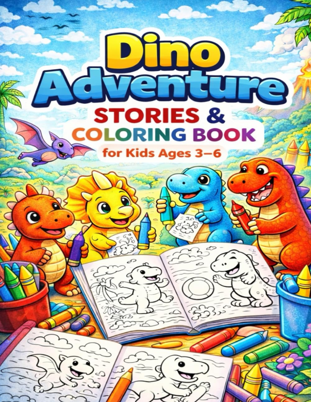 Dino Adventure Stories & Coloring Book: Educational Dinosaur Stories for Little Kids