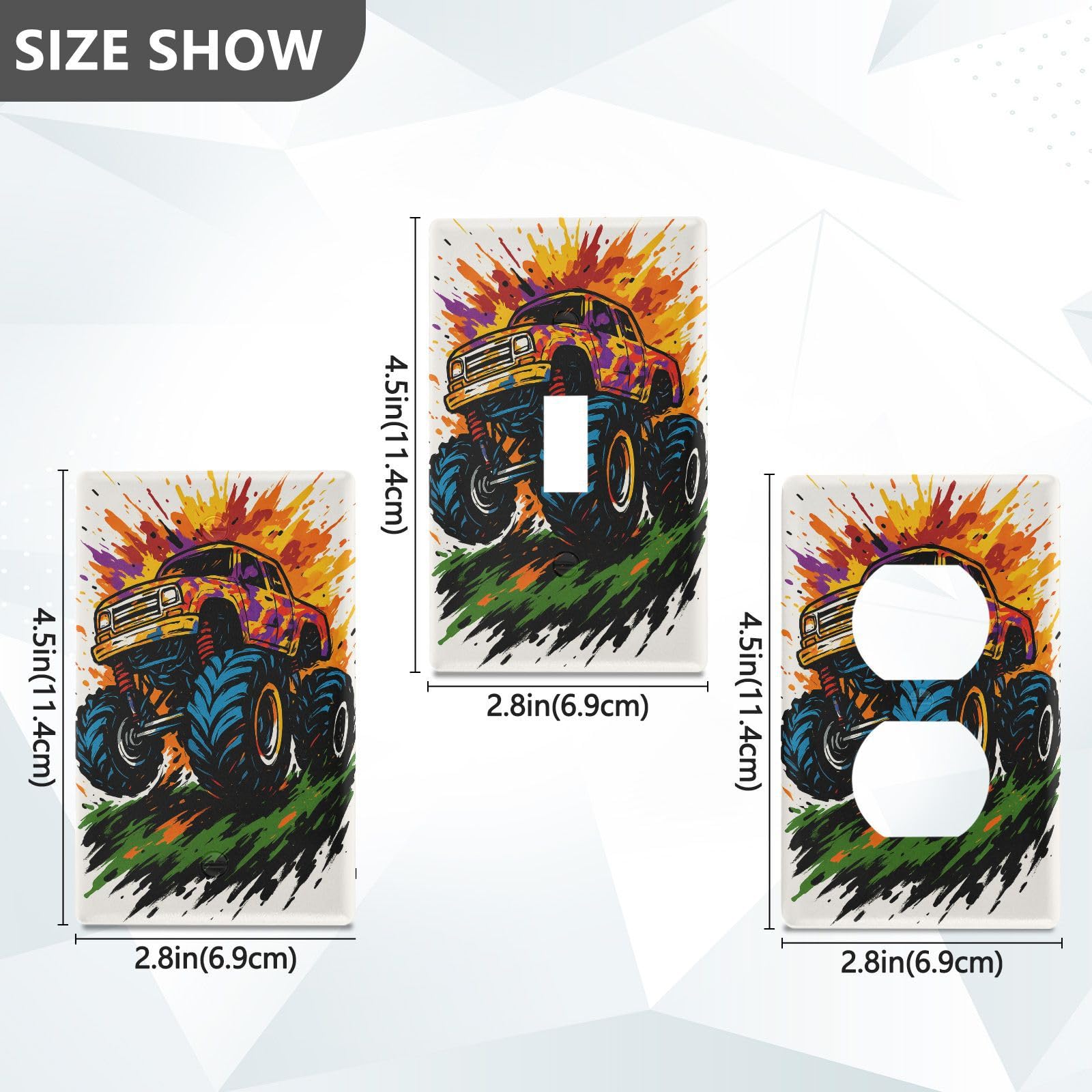 Colorful Monster Truck White Light Switch Cover Decorative Receptacle Outlet Wall Plate Guard Plastic Wall Outlet Cover for Home Decor Room Bedroom Bathroom (Duplex Outlets Cover)