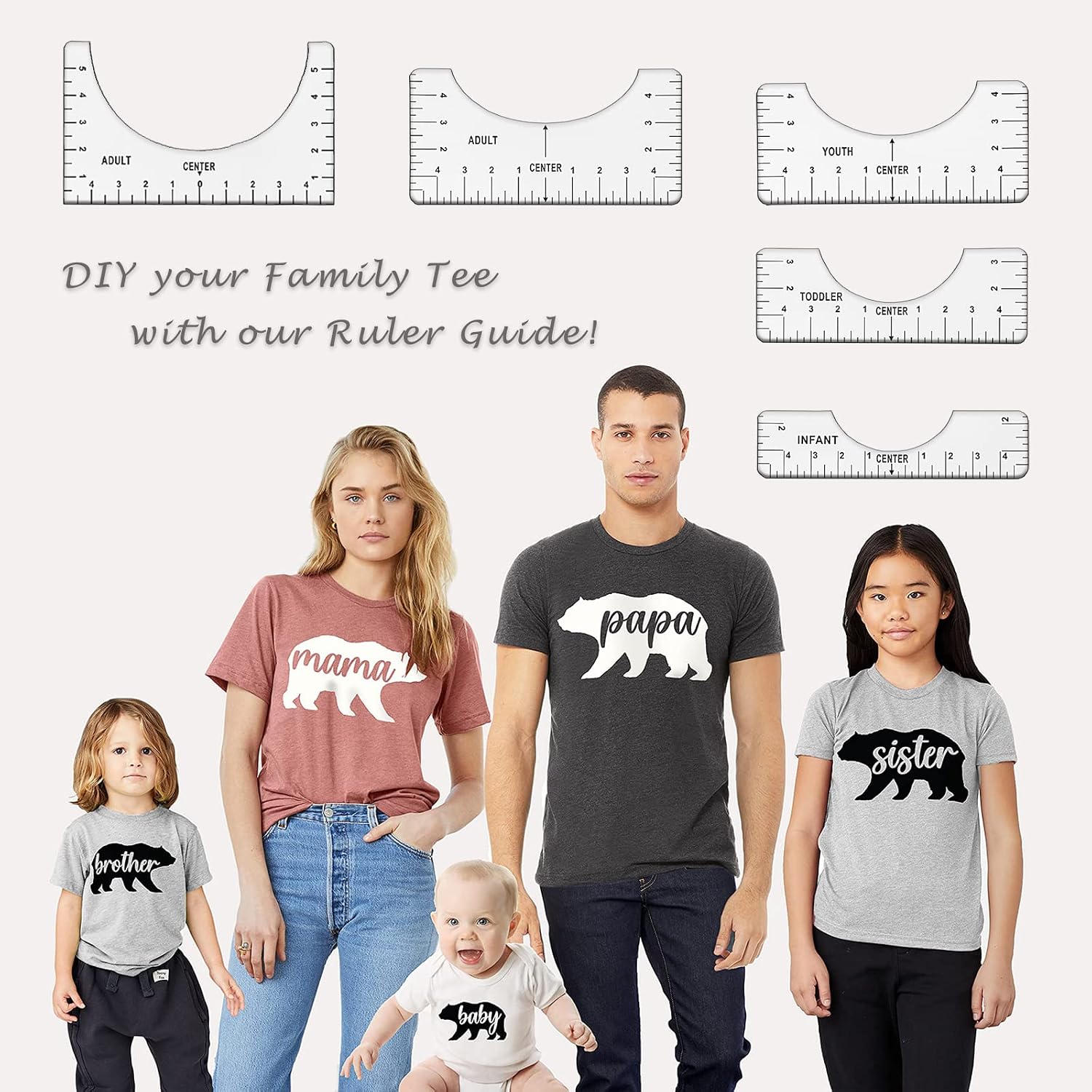OKUPAN Tshirt Ruler Guide for Vinyl Alignment, 6 Pcs Premium PVC T-Shirt Ruler Guide for Heat Press, T Shirt Alignement Tool for Adult Youth Toddler Infant (White）