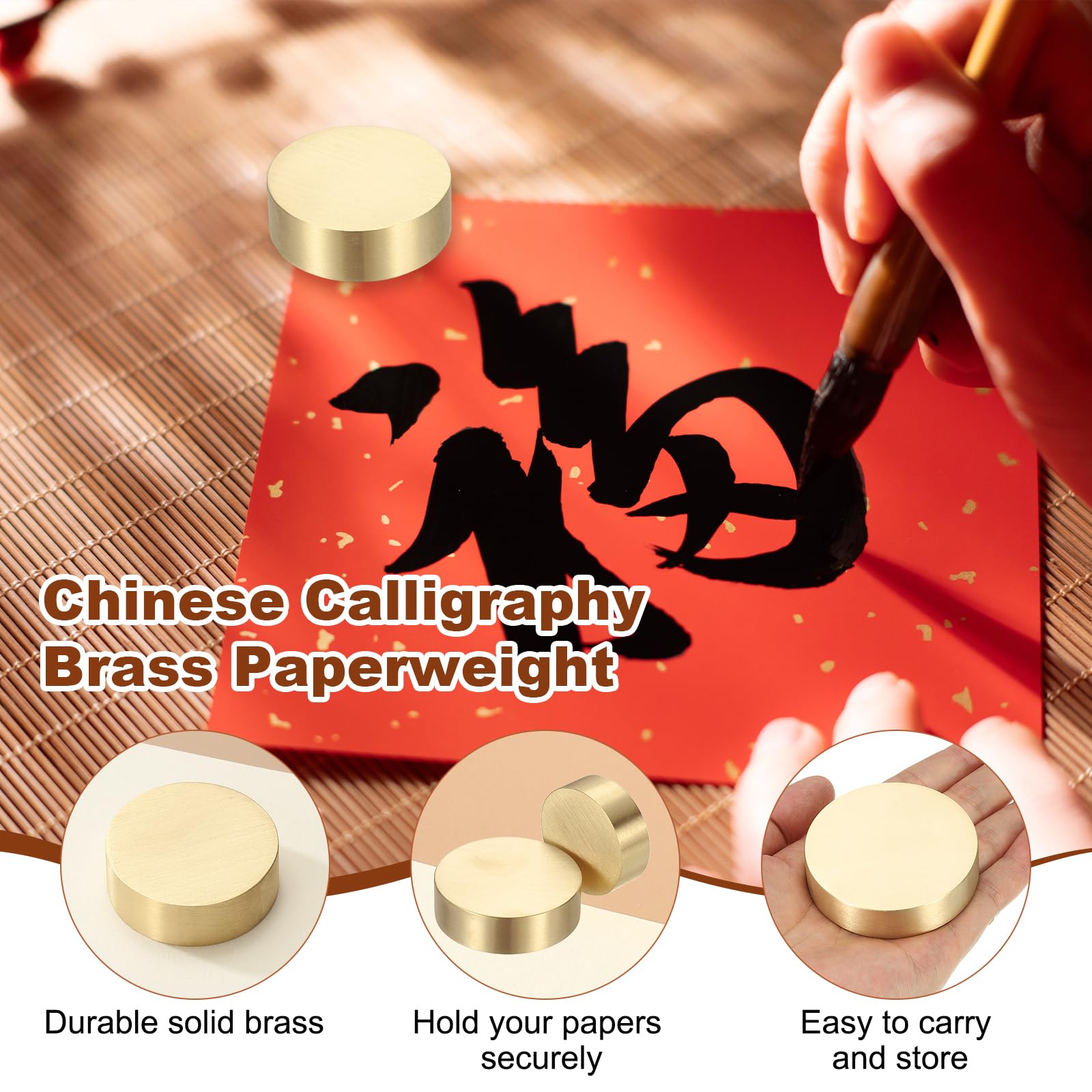 PATIKIL 2 Pcs Chinese Calligraphy Paper Weight, 60mm Round Brass Paperweight Holding Paper Flat for Painting Writing Ink Drawing Desktop Home Office Decoration, Gold Tone - Image 3