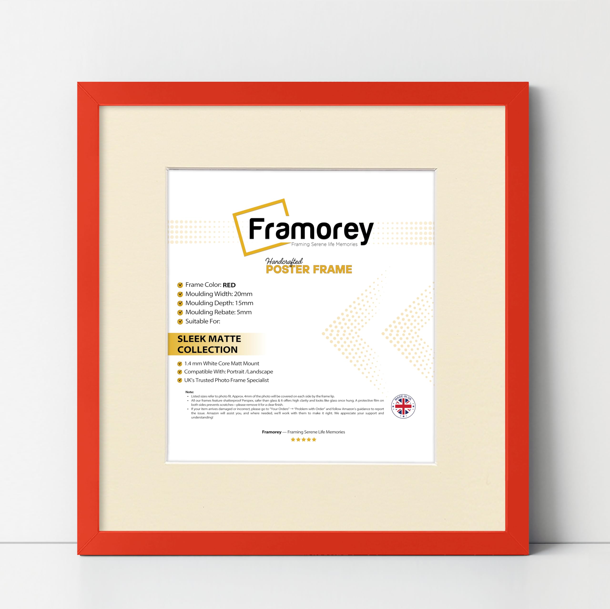 FRAMOREY Square Size Thin Matt Photo, Handmade Flat Thin Picture Frame, 7x7" Size Red Picture Frame With 5x5" Size Ivory Mount, Photo Print Frames