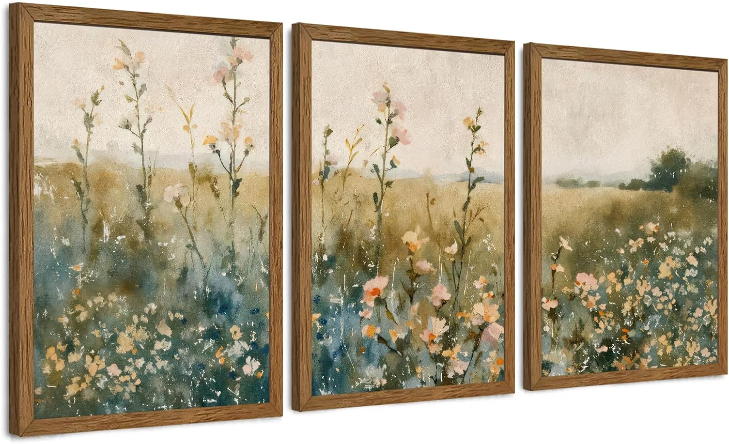 AVECCO 3 Pieces Framed Vintage Wildflower Canvas Wall Art, Nature Floral Artwork Wall Decor, Rural Botanical Art Prints for Bedroom Living Room Office Home Decoration Ready to Hang 20x30 Inch