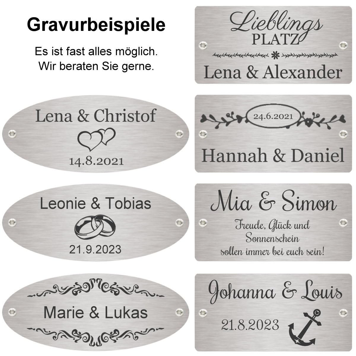 Bank zur Hochzeit mit Gravur zB. Lieblingsplatz (Namen) Gartenbank Basic 110cm Akazie geölt, Edelstahlschild personalisiert, Bank Geschenk zur Vermählung