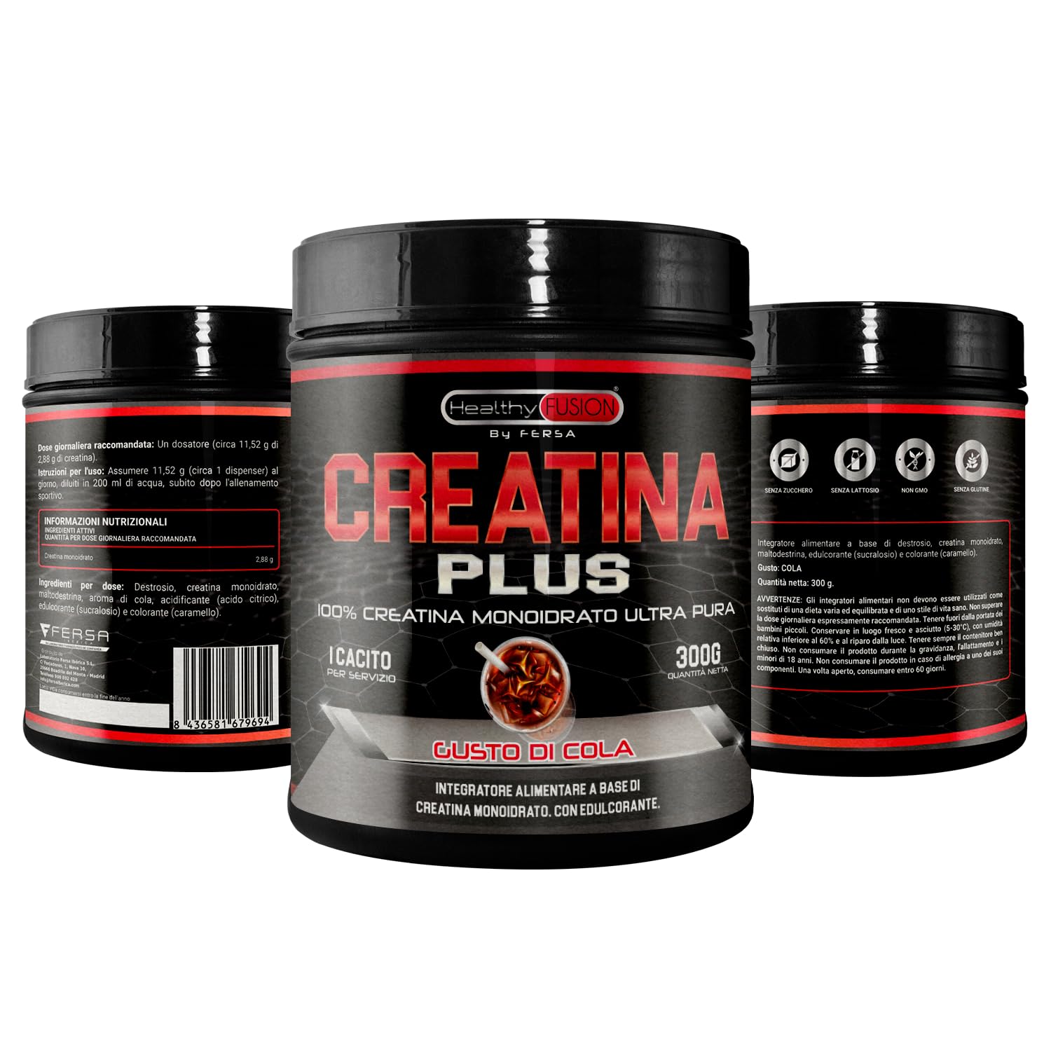 Healthy Fusion | Creatina Monoidrato in polvere 100% pura, senza additivi | Favorisce la crescita muscolare e aumenta le prestazioni fisiche | Alta solubilità | 300g, gusto Cola