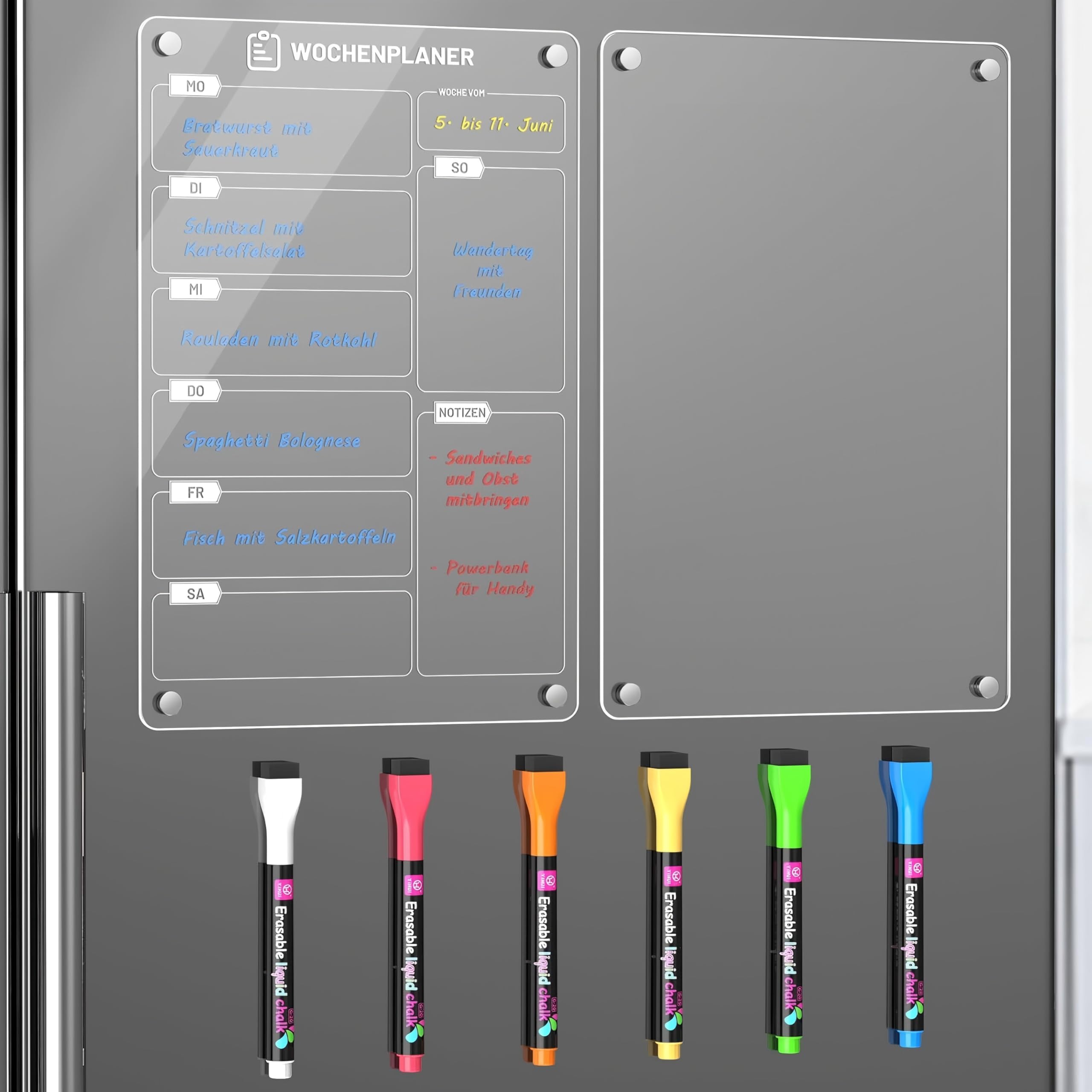 2er Set Wochenplaner Abwischbar A4 (30 x 20cm) - Magnettafel Kühlschrank Acryl mit 6 Kreidemarkern für To-do Listen, Menüplanung und Einkaufsliste - Deutsch