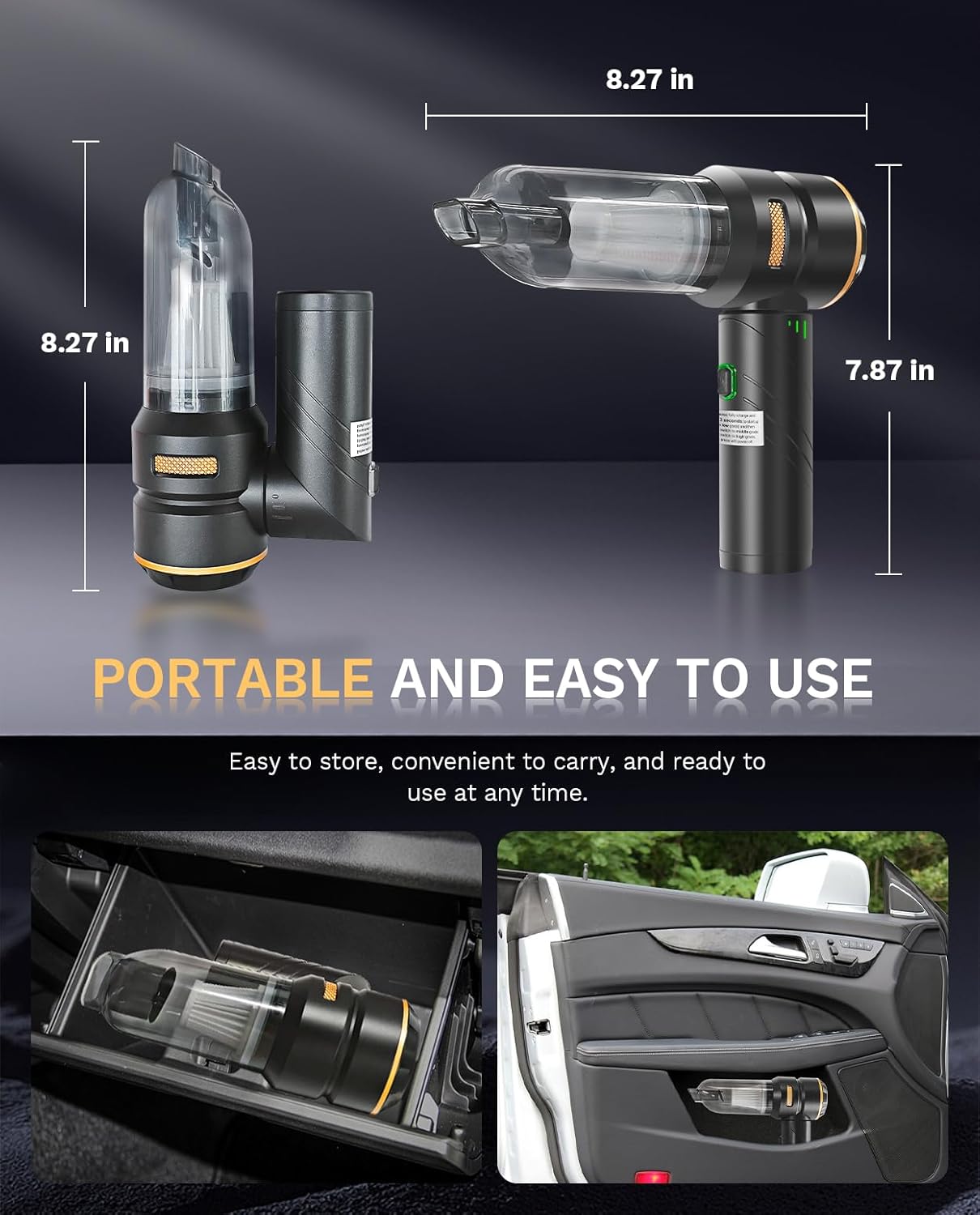 Baiwade Foldable Cordless Handheld Car Vacuum Cleaner, 15000PA High Power 2-in-1 Mini Vacuum Duster & Inflator, with 3-Speed Brushless Motor for Car Care, Home, Office, Pet