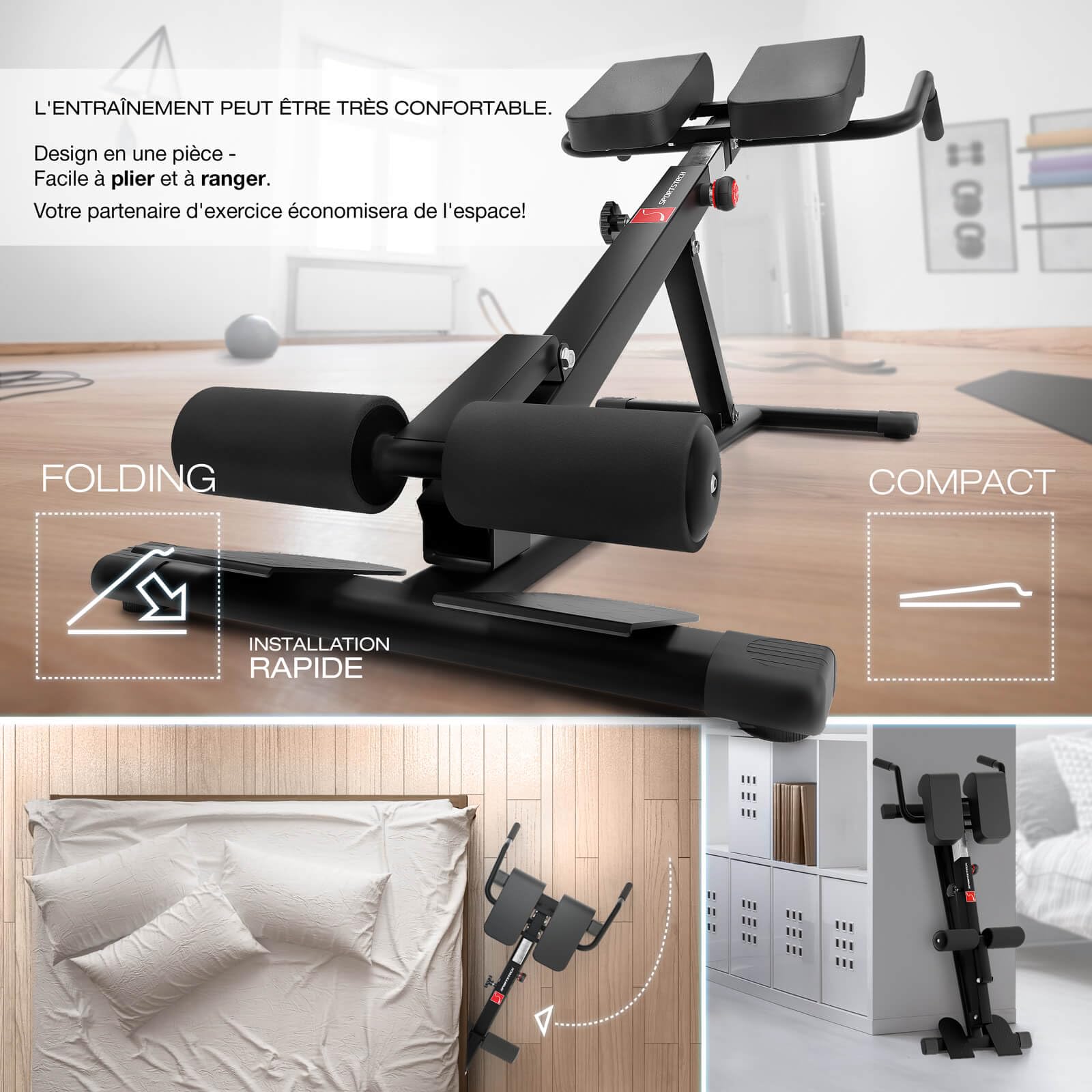 Sportstech BRT150 Banc de poids | Entraîneur Dos et Abdomen 6 en 1 Ergonomique et Réglable Système unique de verrouillage et facile à plier Design Antidérapant, + Fixation de jambes Adaptable