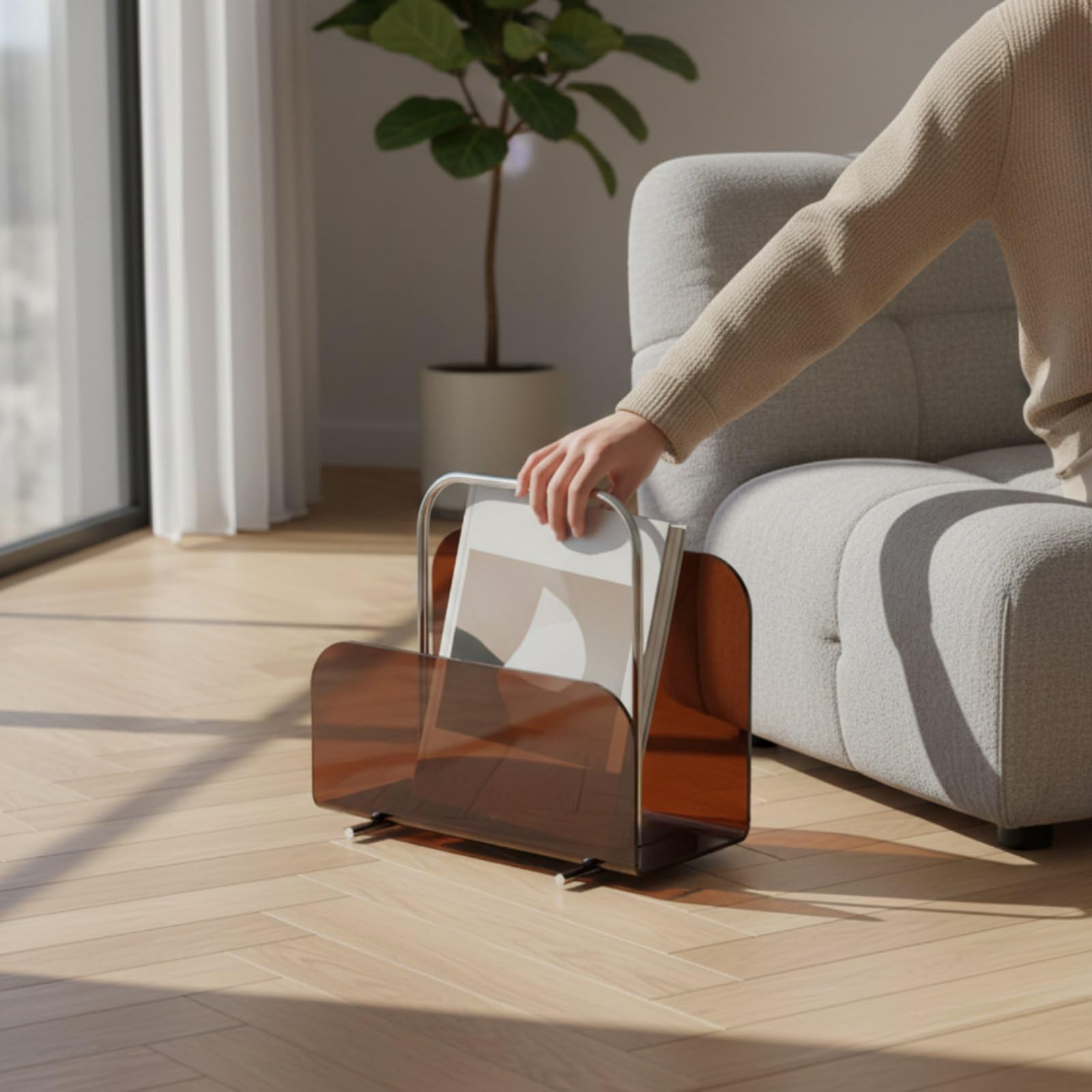 Colcolo Porta Riviste Acrilico Moderno Organizer Giornali Libri da Tavolo con Manico Integrato Perfetto Ordine E Stile per Casa Soggiorno Scrivania Ufficio Lettura, Marrone