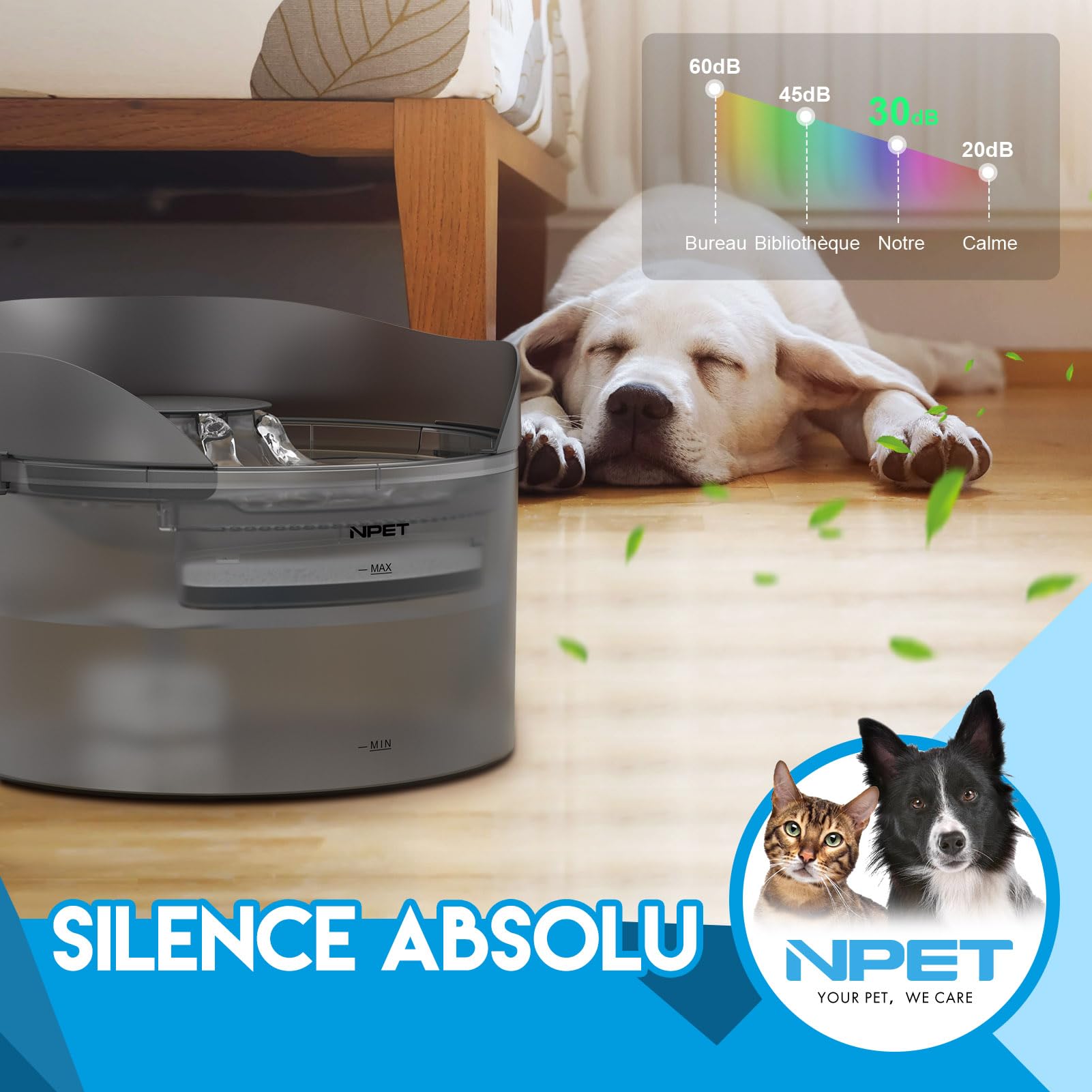 NPET Fontaine à Eau Chien, Fontaine à Eau pour Chien Automatique avec Protection Anti-éclaboussures, 8L, pour Chien&Chat, DF30