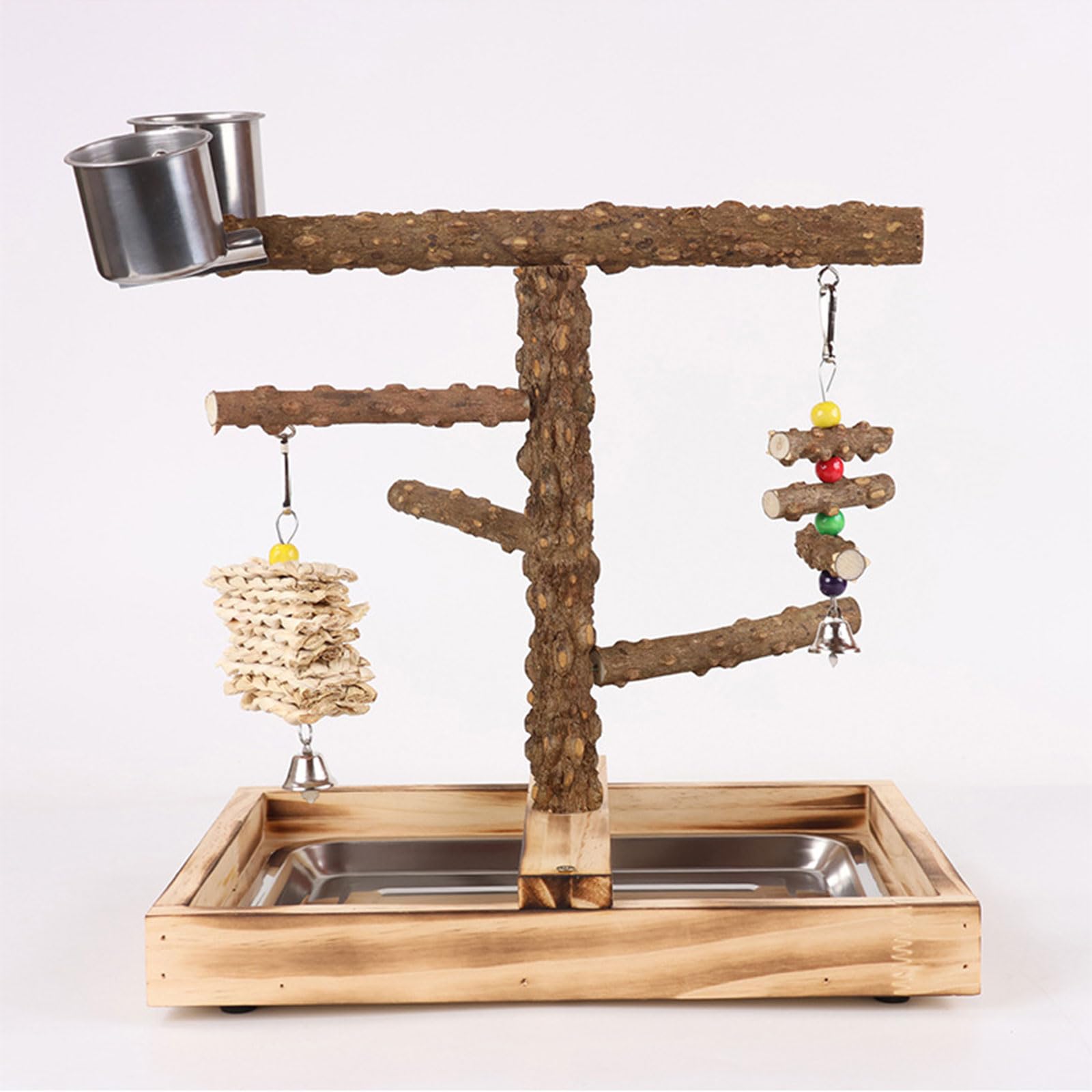 PANGBOER Vogelschaukel, Papageienkäfig Spielzeug, Holzschaukel mit Spielzeugtablett, Futterbecher, Training für kleine Vögel, Papageien, großer Spielständer