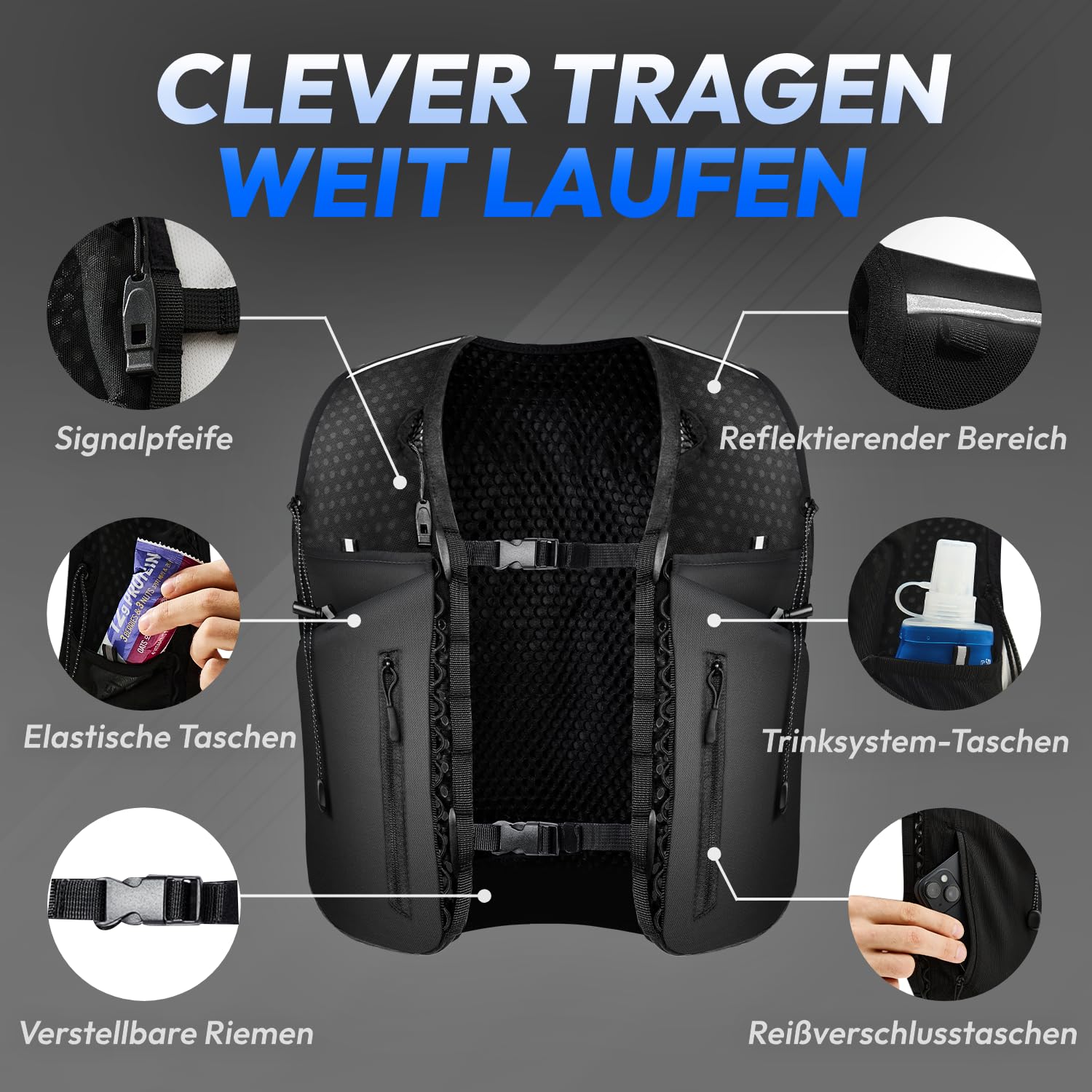 Cruiser Mountain Trailrunning-Weste für lange Strecken, 11 Taschen 6 Riemen Wanderrucksack mit Trinkflasche & Signalpfeife