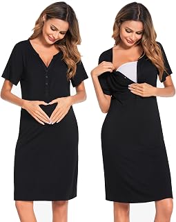 Ekouaer Nursing Nightgown Striped Women Short Sleeve Breastfeeding Sleep Dress Maternity Delivery/Labor Gown
