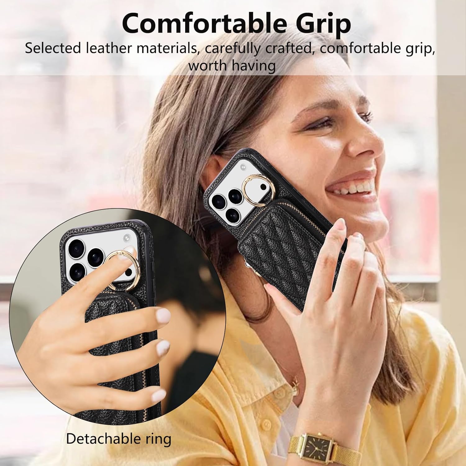 Crossbody Leather Case for iPhone 17/17 Air/17 Pro/17 Pro Max, Long Shoulder Strap Card Bag Case with Hanging Ring Shock Protection Cover Beige