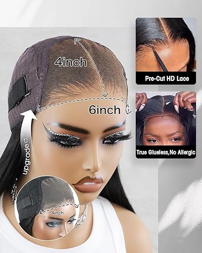 Miniatura 10 de FACMOOD Real Wear and Go - Peluca de cabello humano liso sin pegamento, encaje precortado de 6 x 4, sin pegamento, previamente despuntado, HD