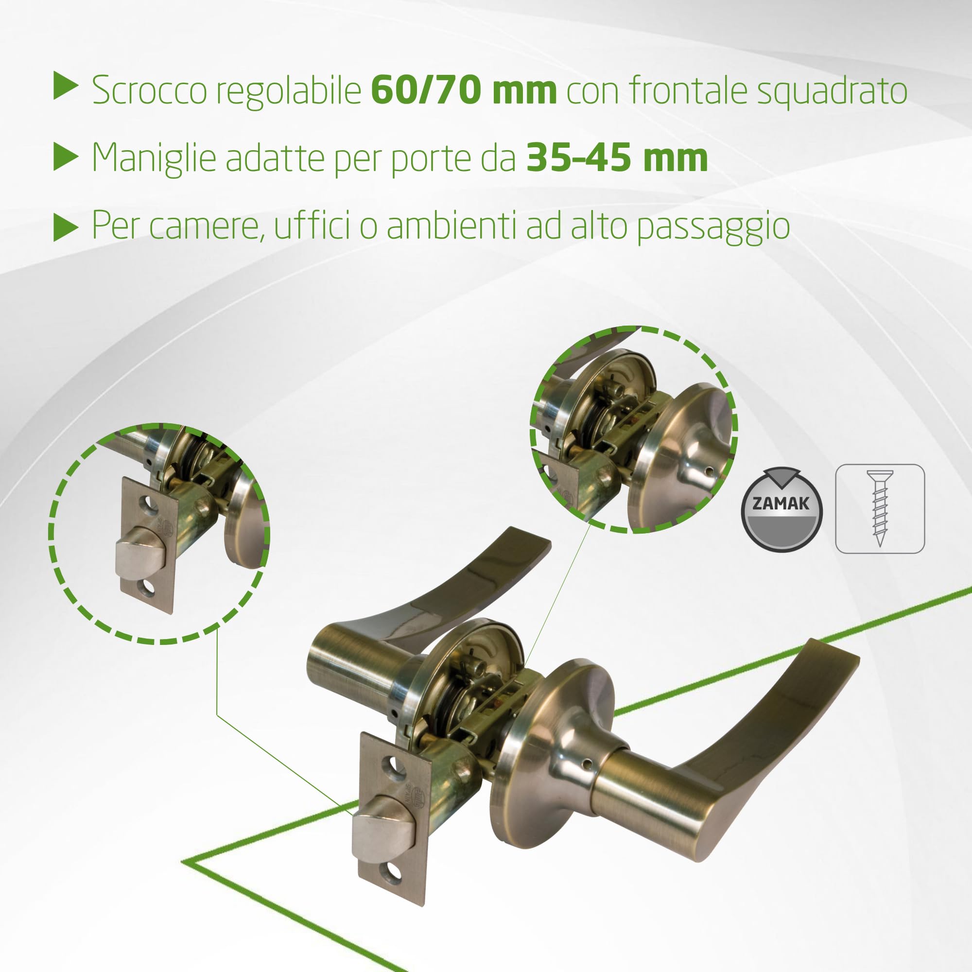 Amig - Maniglia di Passaggio con Scrocco - Scrocco da 60/70 mm - per Porte in Legno da 35 a 45 mm - Maniglia con Rosetta - Regolabile e Reversibile - Pelle - Zamak - Mod. 711