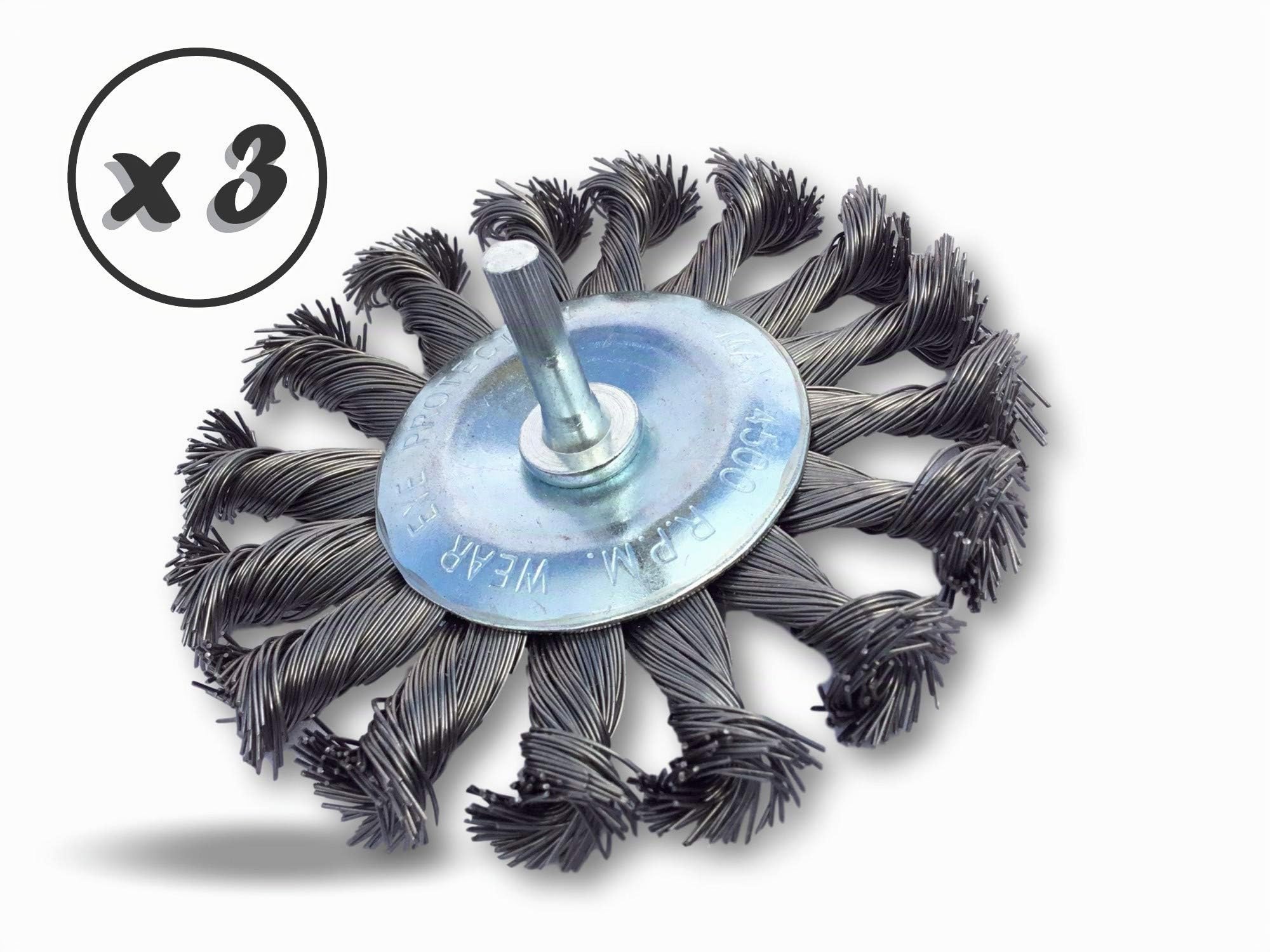 Lot de 3 brosses circulaires métallique plates à mèches torsadées pour perceuse | Ø 100 mm | Fil acier torsadé 0.40 mm (dur) | Sur tige Ø 6 mm | Ponçage décapage rouille peinture | Kibros 26100TO8x3