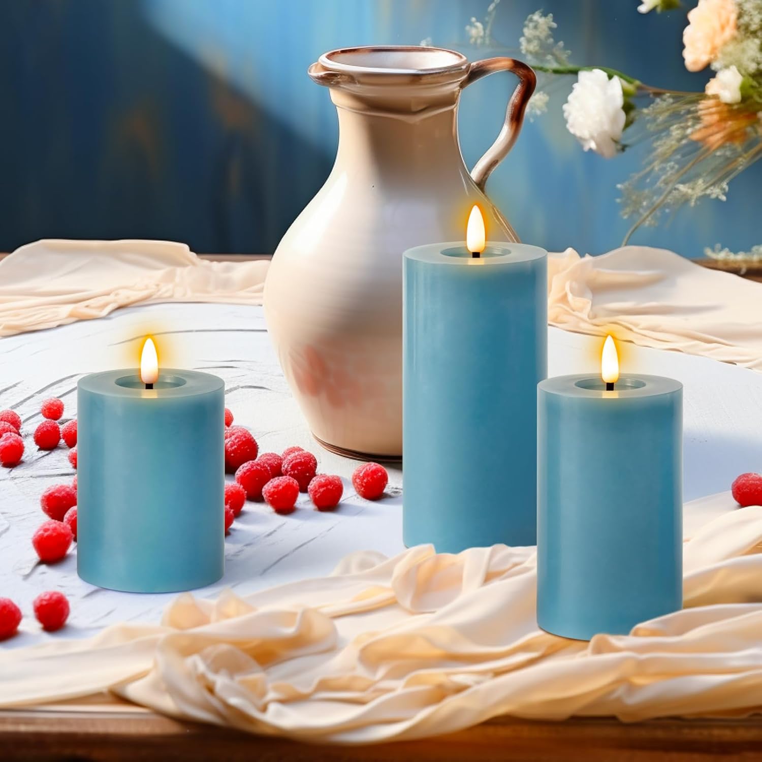 Flameless Candles Teal Battery Operated Pillar Real Wax LED Electric Candles Warm Light 3D Wick Flickering with 10-Key Remote for Home Wedding Decoration D 3" H 4" 5" 6"(Set of 3)