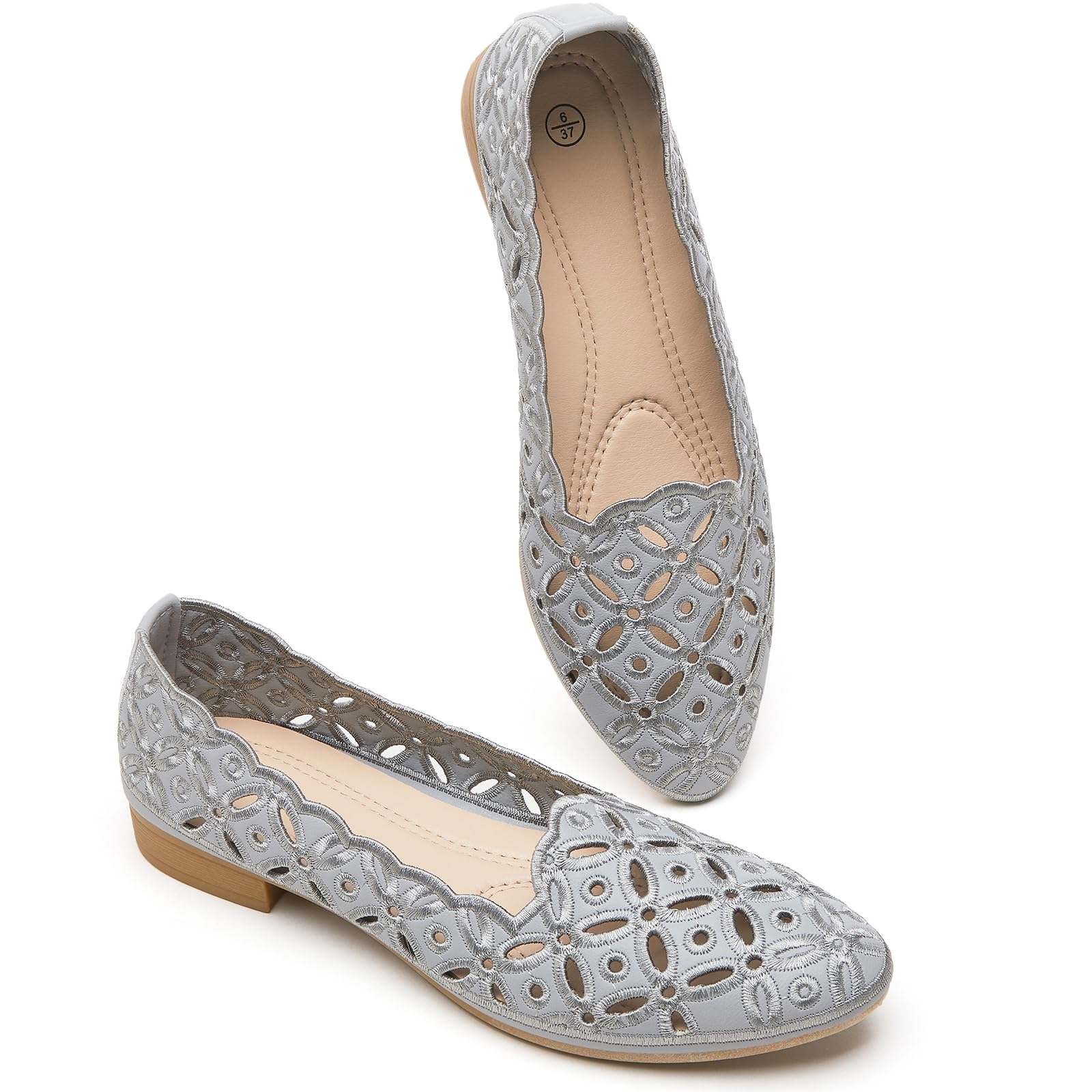BABUDOG Black and White Womens Breathable Ballet Flats with Flower Eyelets