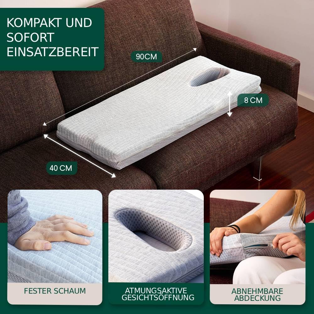 Massagekissen für Nacken, Rücken und Lendenwirbelsäule mit ergonomischer Gesichtsaussparung – bequem in Bauchlage atmen – Fester Schaumstoff, waschbarer Bezug – INKL. Massageöl 100 ml