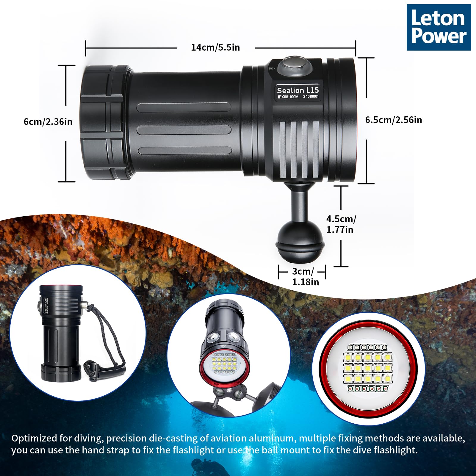 Linterna LetonPower L15 10000Lumens Sumergible buceo, Carga Tipo C, Ideal para Buceo Deportivo, Fotografía y Video