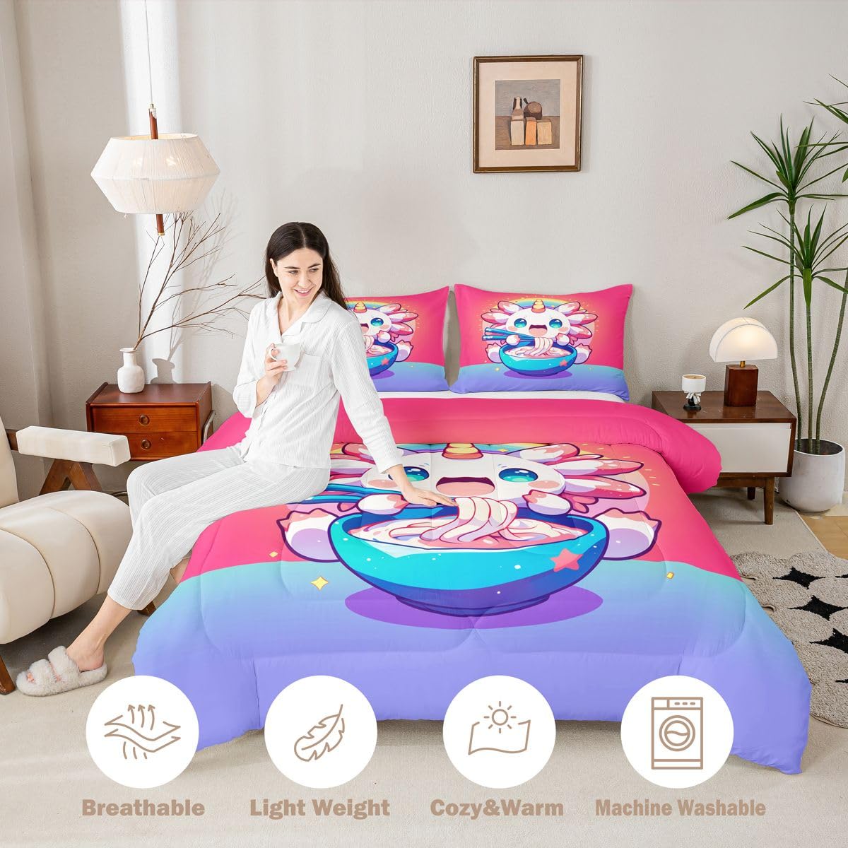 Homewish Axolotl Różowy Dziewczęcy Kawaii Jednorożec Kreskówka Zestaw Kołdry King Size - Zwierzę Urocza Salamandra Zestaw Pościeli Księżniczka Marzycielska Kołdra - Ombre Tęcza Bez Poszwa Kołdra