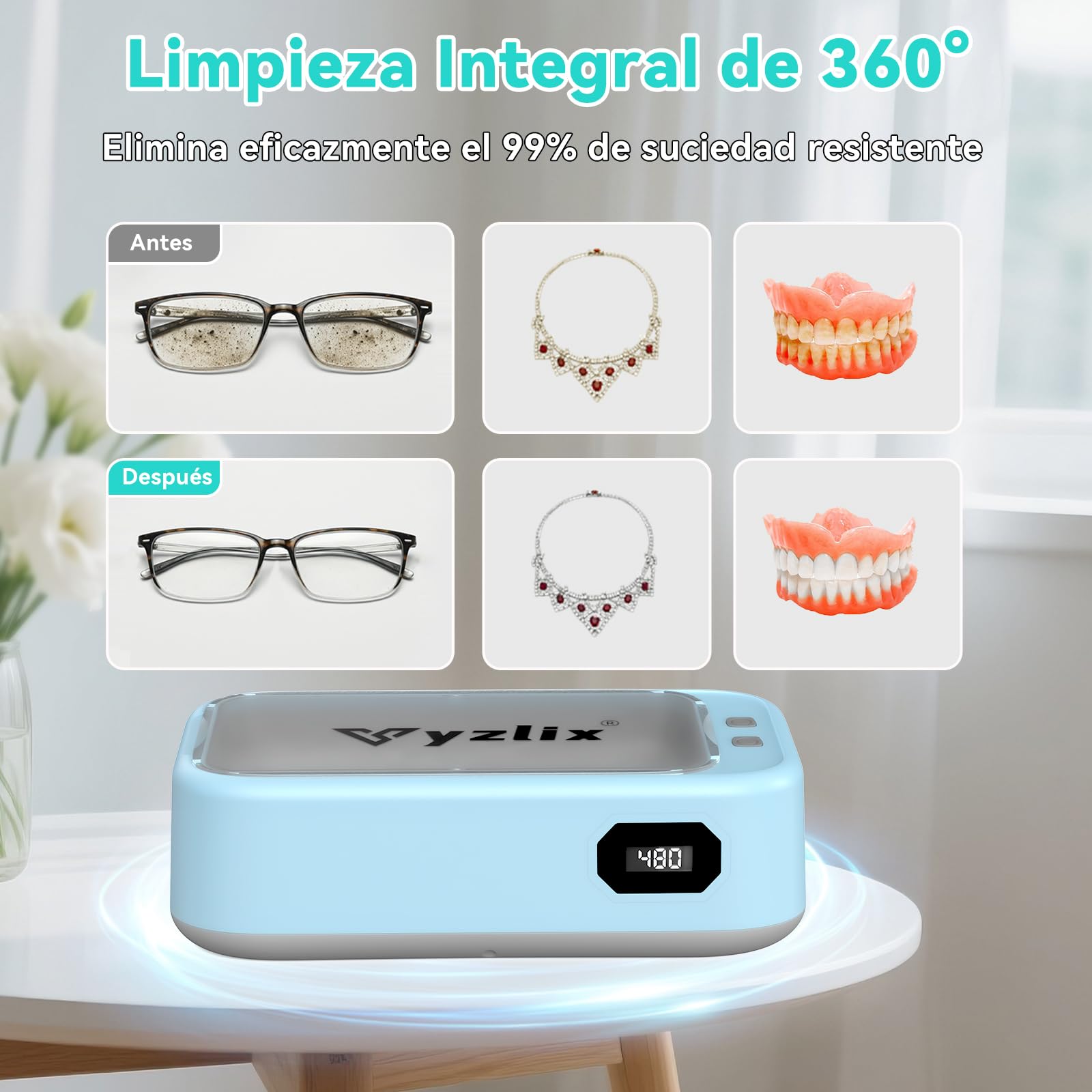 Limpiador Ultrasonidos, 640ml Ultrasonidos Limpieza con 5 modos, 40W Limpiador Ultrasónico, 49000 HZ Ultrasonic Cleaner para Joyas, Gafas, Relojes, Dentaduras, con Pinzas y Paño de Limpieza (Azul)
