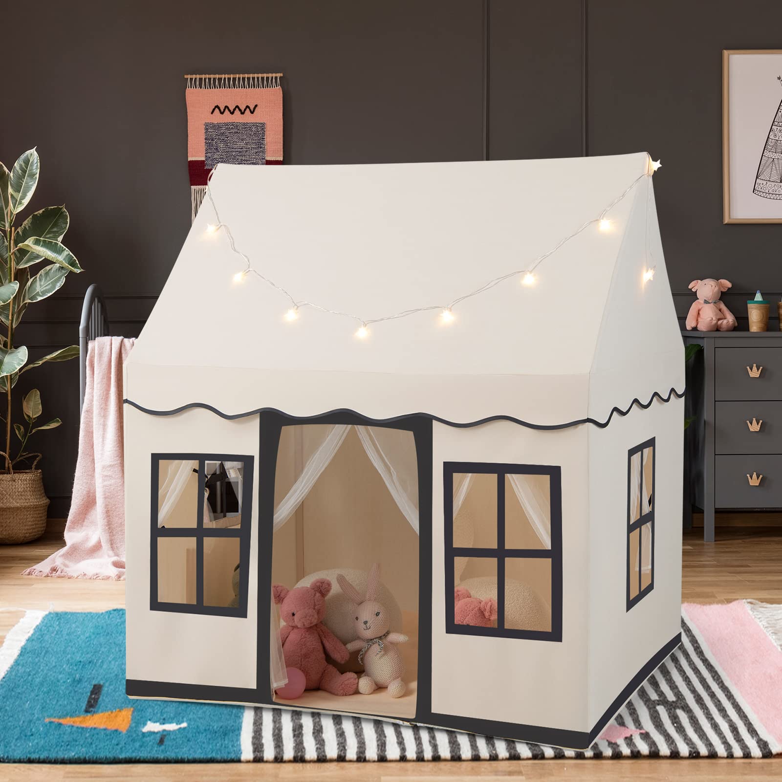 DREAMADE Spielzelt für Kinder mit Lichterkette und gepolsterter Matte, Tipi Zelt, Kinder Spielhaus mit Fenstern, Kinderzelt für Jungs und Mädchen, für Indoor und Outdoor (Beige + Schwarz)