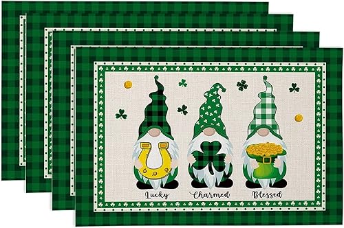 Juego de 4 manteles individuales para el día de San Patricio gnomo de la suerte impermeables resistentes al calor para cocina mesa de comedor disponible en Yaxa Colombia