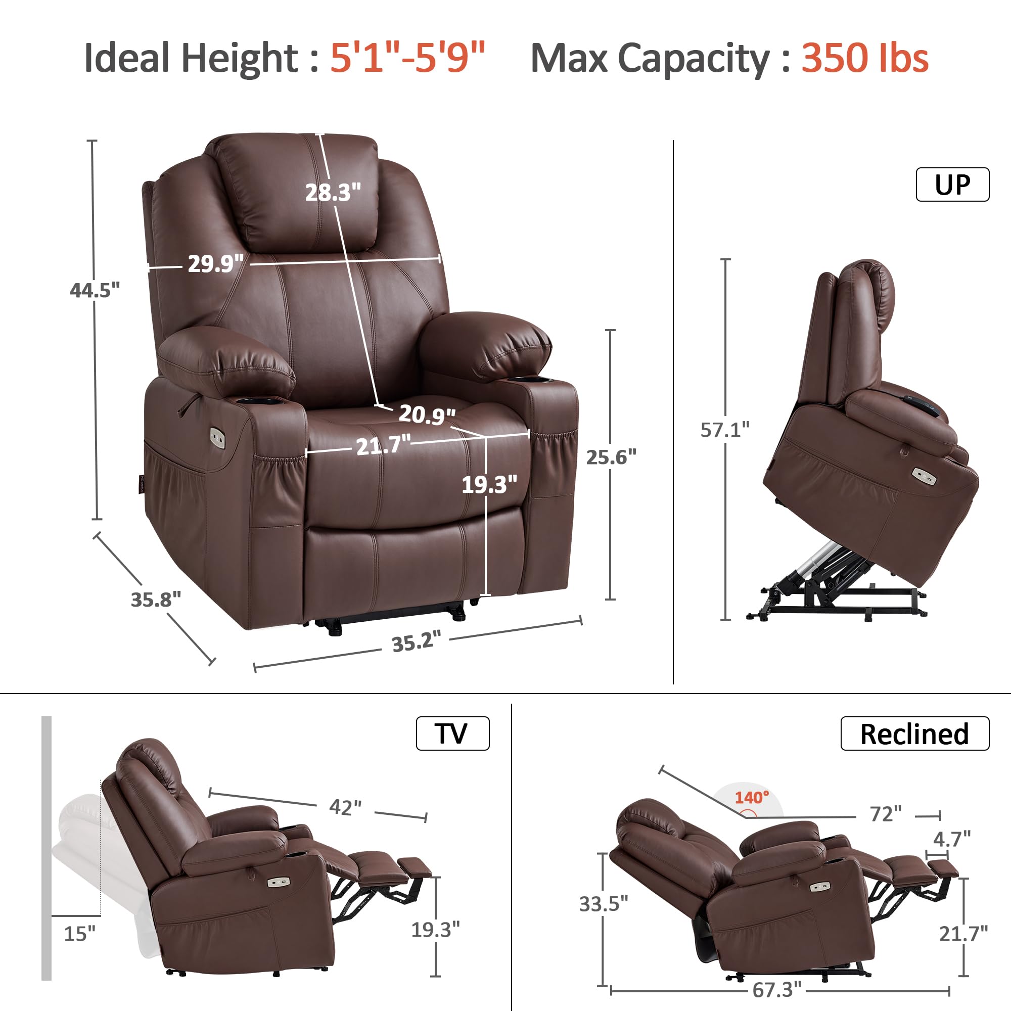 MCombo Electric Power Lift Recliner Chair Sofa with Massage and Heat for Elderly, 3 Positions, 2 Side Pockets, and Cup Holders, USB Ports, Faux Leather 7040 (Light Brown, Medium) - 4