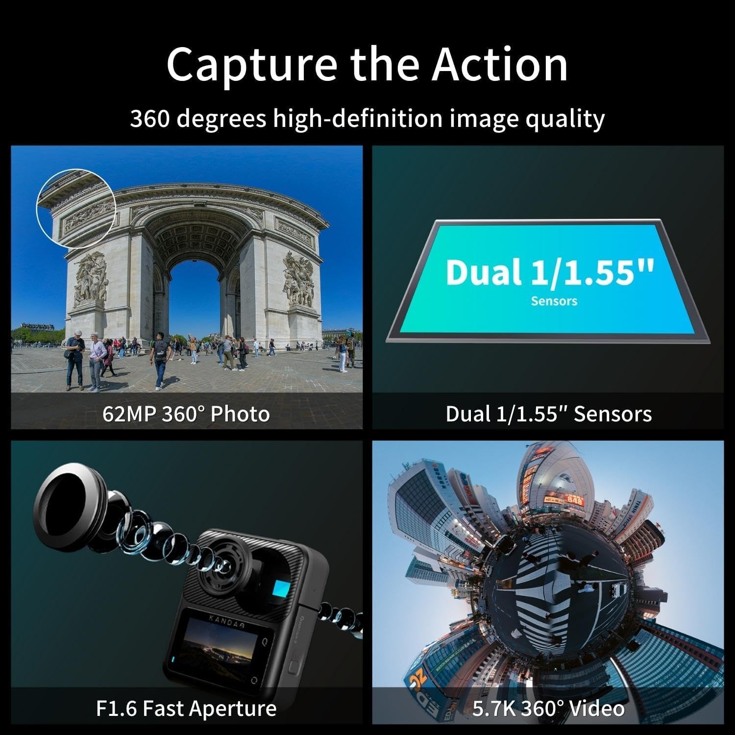 KanDao QooCam 3 Action Camera, 5.7K 62MP Photo 60fps Flawless 360 Video Camera, outdoorowa kamera sportowa z podwójnymi czujnikami 1/1.55" i większą przysłoną F1.6, wodoodporna, stabilizacja.