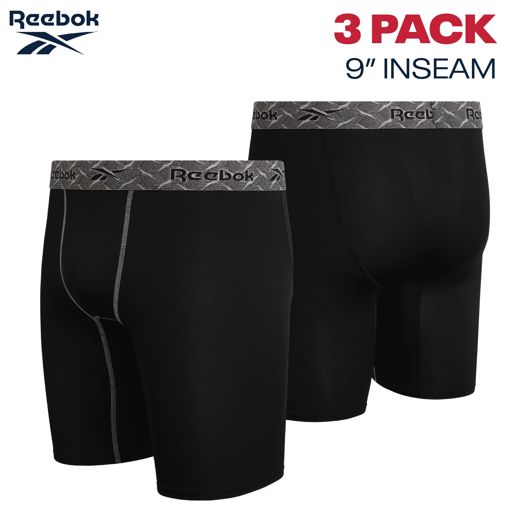 Reebok Herren-Boxershorts – 3er-Pack, 22,9 cm Schrittlänge, Stretch, Performance-Hose, lange Beine, Herren-Unterwäsche, Boxershorts mit konturierter Stütztasche, Schwarz/Schwarz/Schwarz, Medium