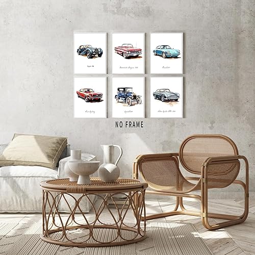 Miniatura 4 de HUACANVASART Impresiones artísticas de pared de automóvil clásico en acuarela, póster de pared de automóvil clásico vintage, póster de arte retro de