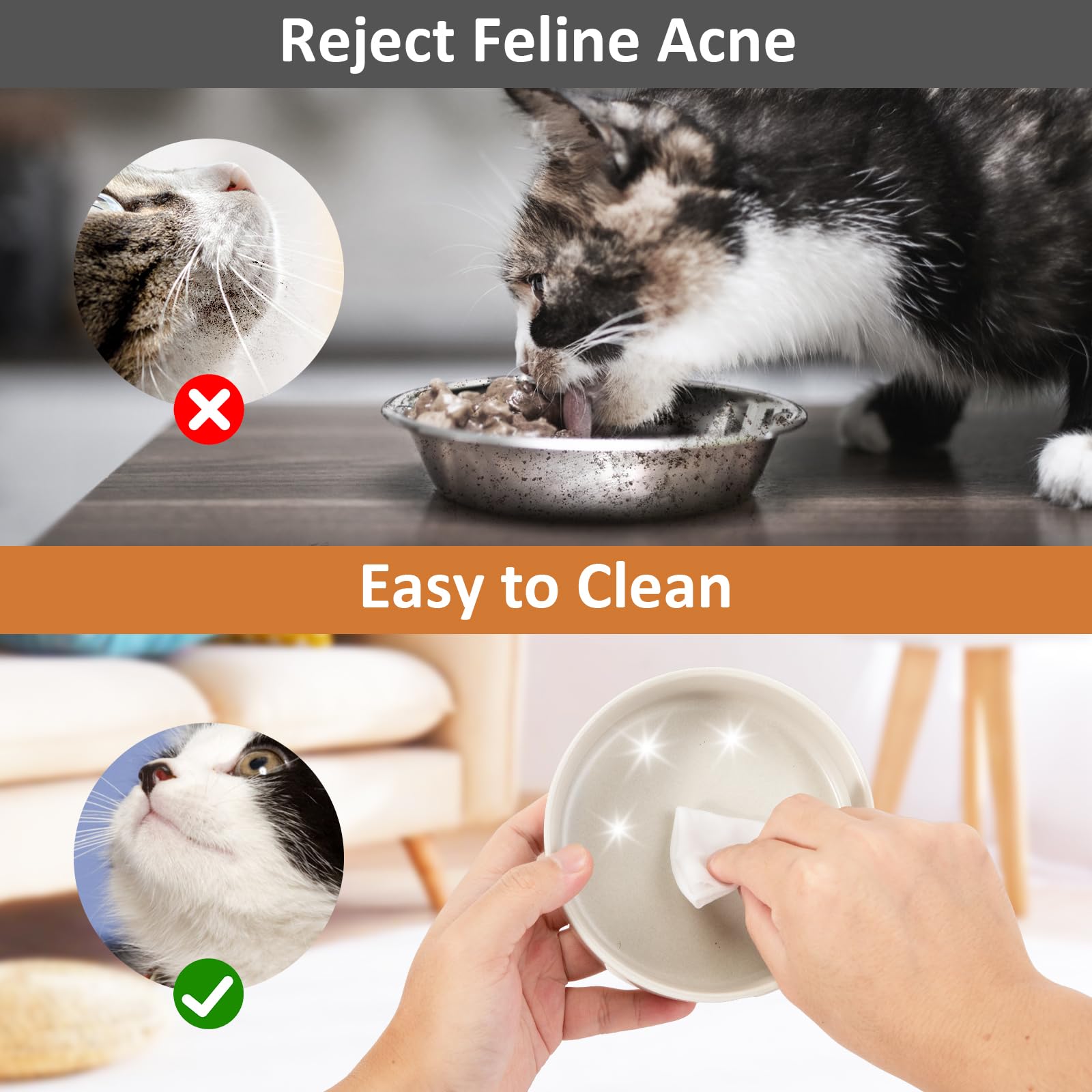 Gamelle Chat Surélevée, 2x400ML Gamelles pour Chat Double en Ceramique avec Support et Tapis Antidérapant, Eau Bol Anti Vomissement et Facile à Nettoyer, Convient Aussi Chien Lapins (Blanc)