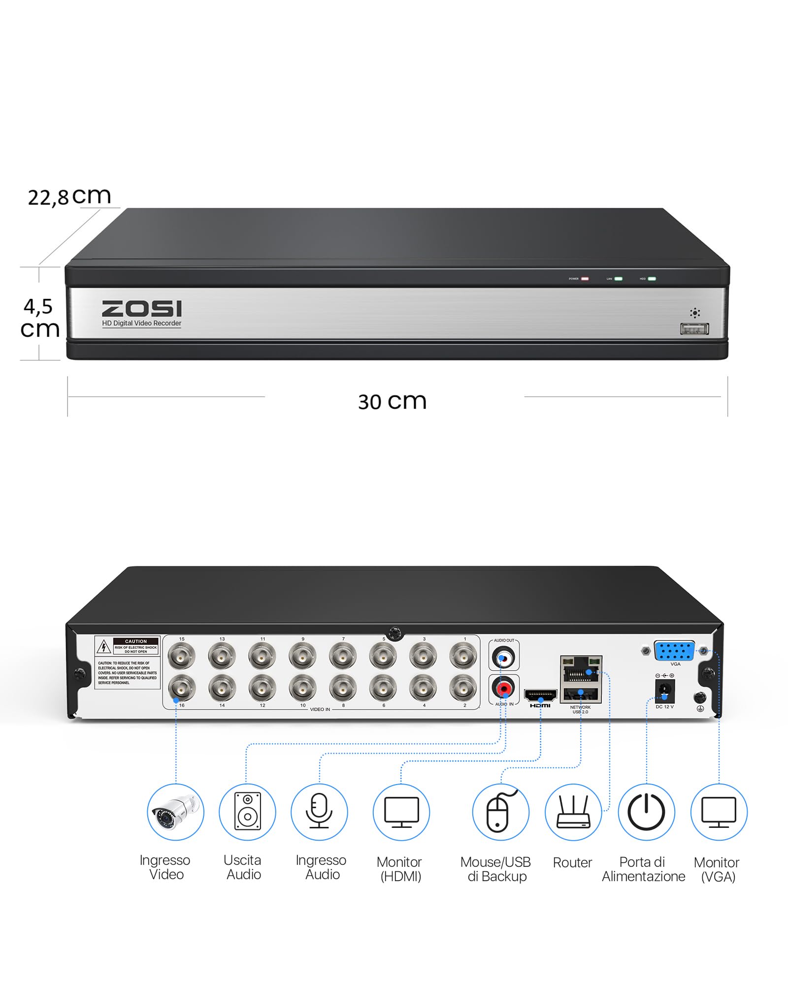 ZOSI 16CH 2MP 1080P H.265+ Videoregistratore Digitale DVR per Sicurezza Domestica, Rilevamento IA di Persone e Veicoli
