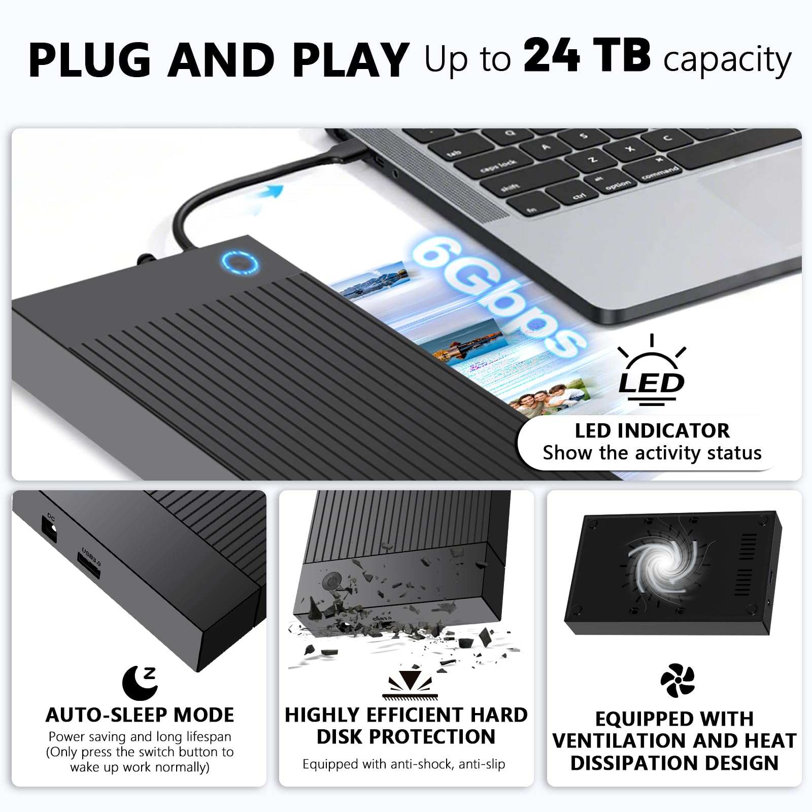 6Gbps Boitier Disque Dur 3.5, Adaptateur SATA USB pour SSD/HDD, Boitier SSD Externe 2.5"/3.5", Lecteur Disque Dur, Station d'accueil pour DisqueDur USB 3.0 SATA HDD, UASP