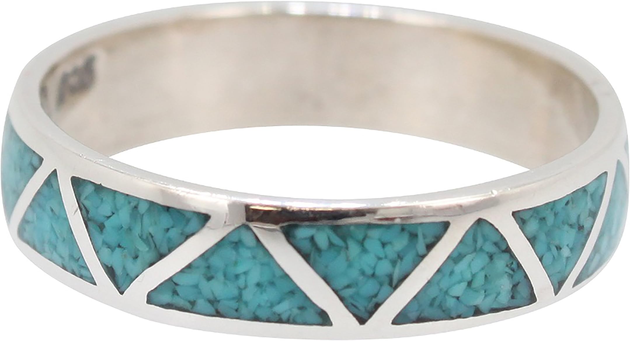 Southwestern Chevron Band Ring with Stabilized Turquoise Inlay and Sterling Silver for Men or Women