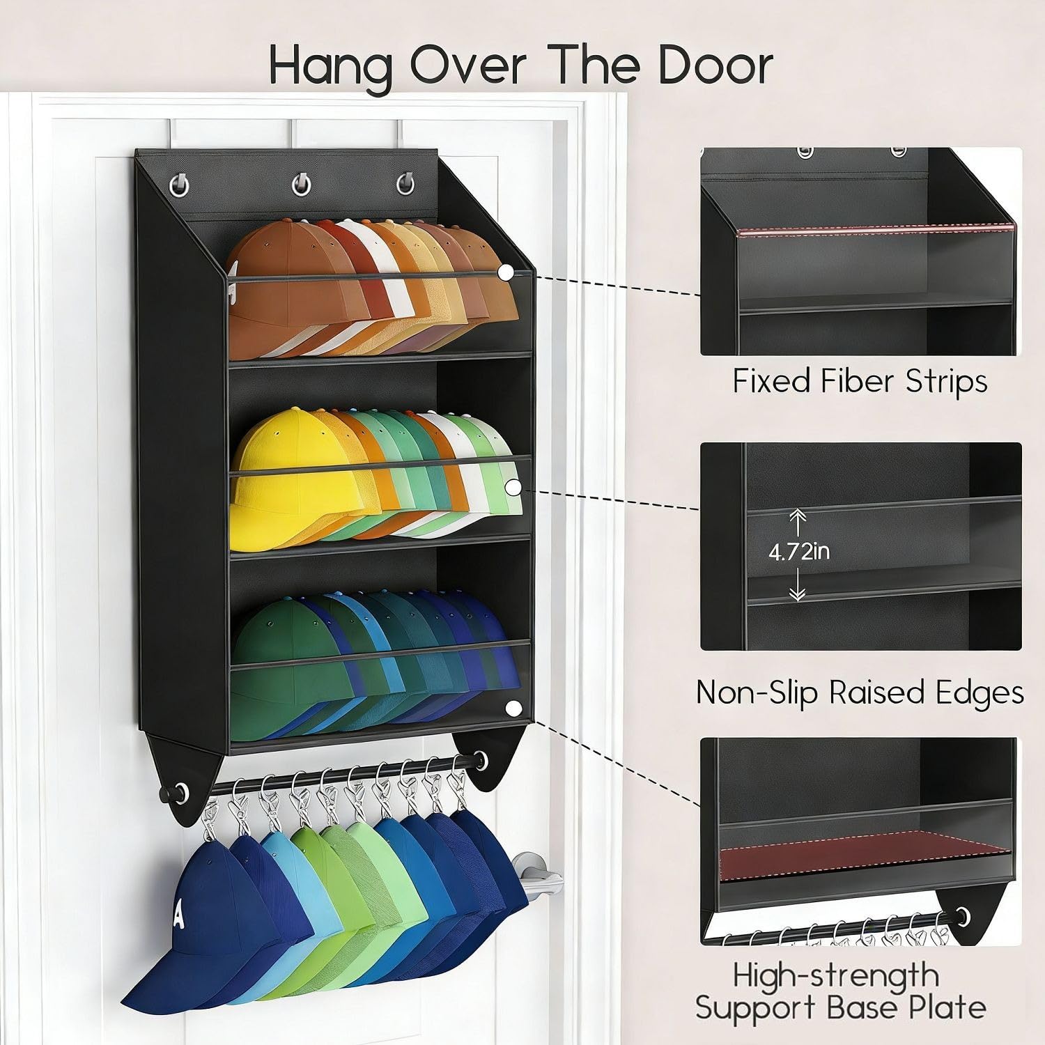 Organizador de sombreros sobre la puerta con 10 clips, bolsa de almacenamiento de gorras de béisbol no tejida de 3 niveles, soporte para sombreros múltiples para colgar en el armario, dormitorio