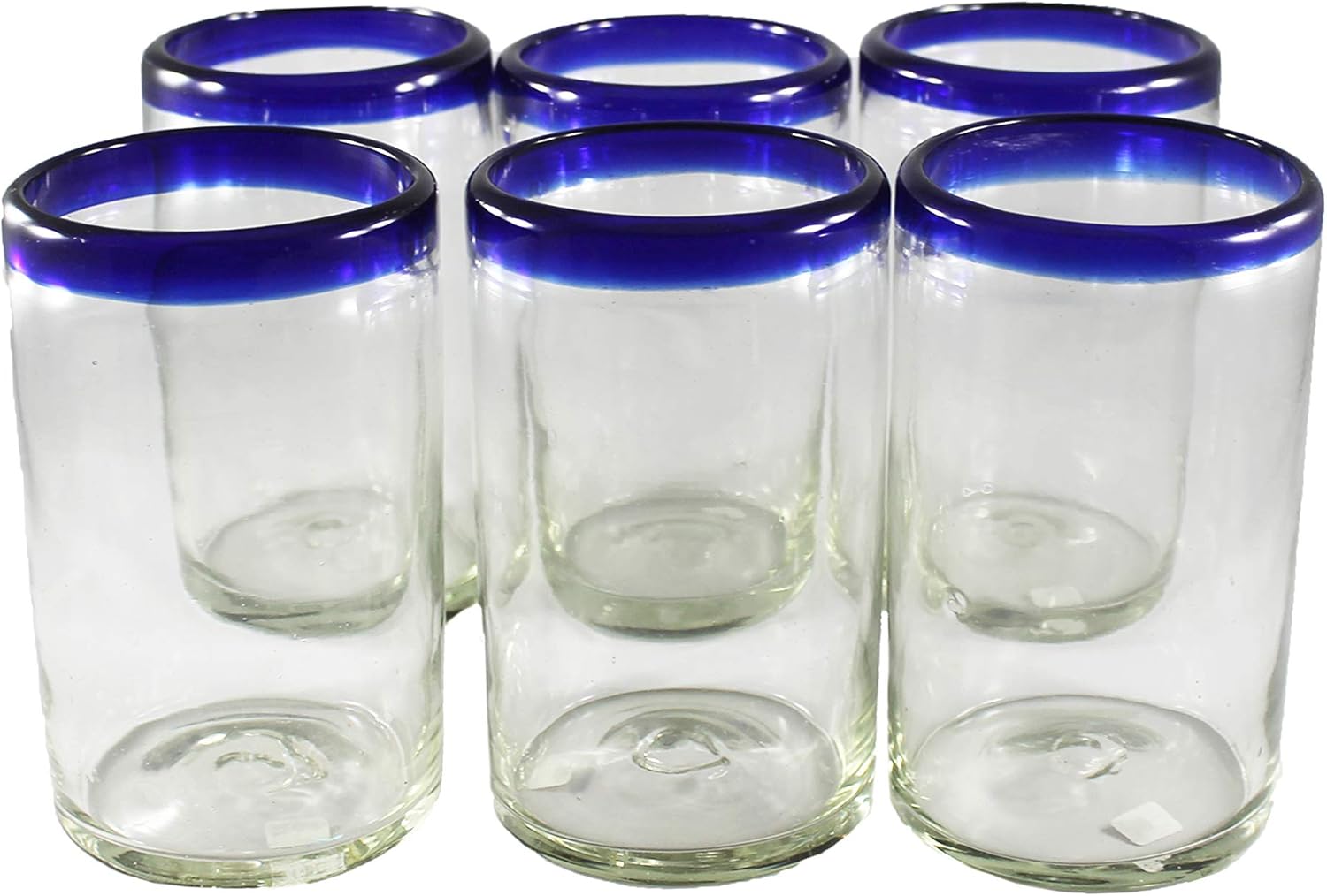 Fiesta Brands Mexican Blue Rimmed Drinking Glasses, Recycled Glass Hand Blown Heavy Thick Glassware Stemless Margarita Wine Cups Cobalt Kitchen Set of 6 Handcrafted Rustic 14 Oz