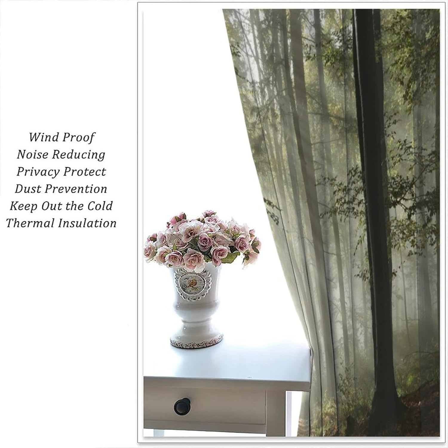 Misty Autumn Forest Curtains,Woodland Shaded Trees Foggy Dreamy Woodland Scene, Living Room Bedroom Rod Pocket Blackout Window Drapes 42" W X 45" L